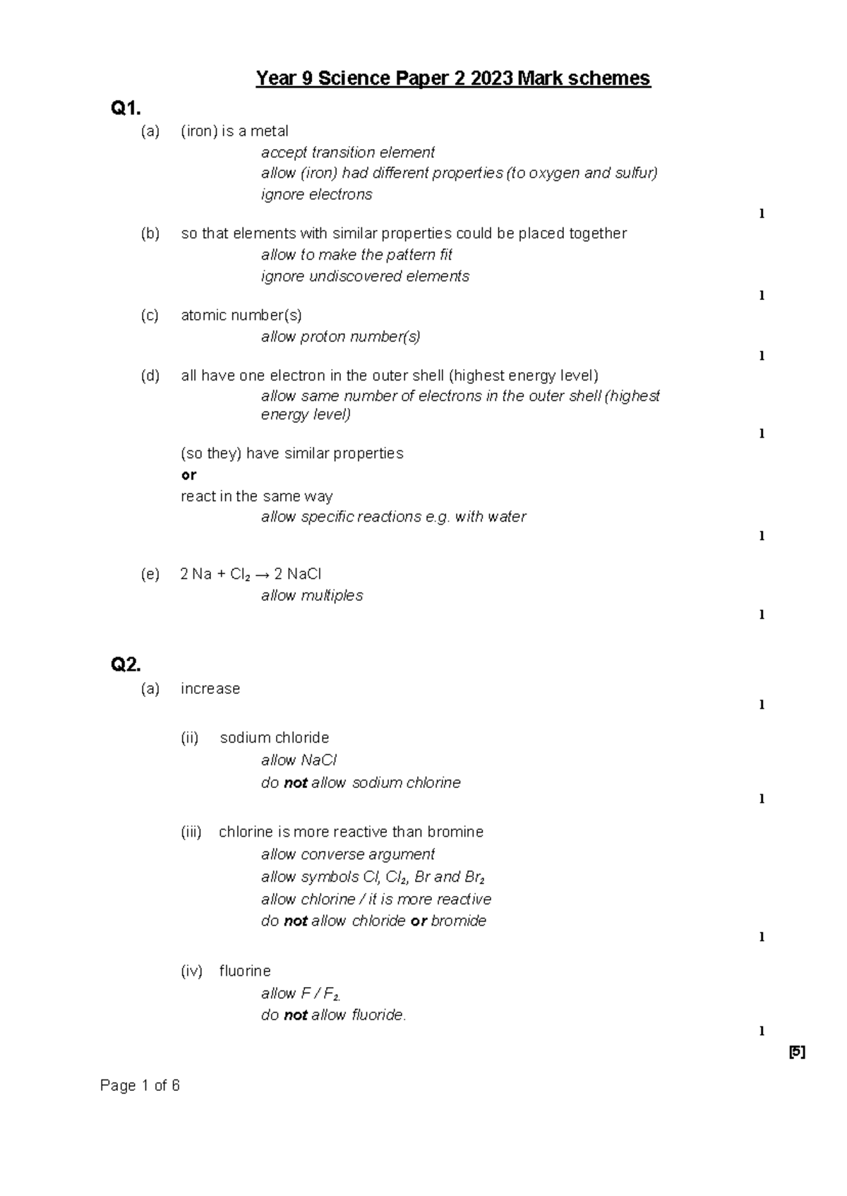 Year 9 Science Paper 2 2023 Mark Schemes and Answers - Studocu