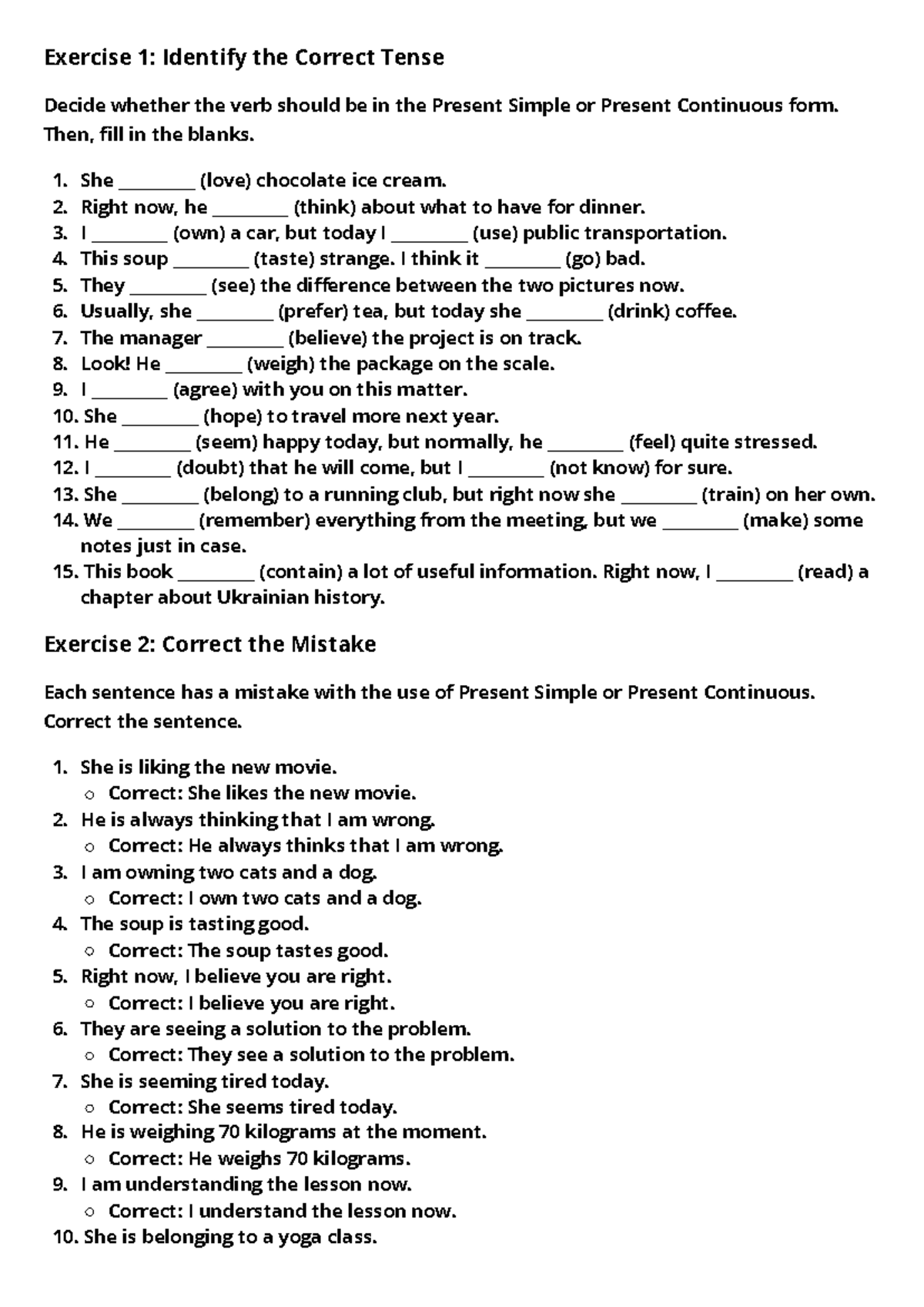 Present Simple Present Continuous Stative Verbs Exercises Pdf With ...
