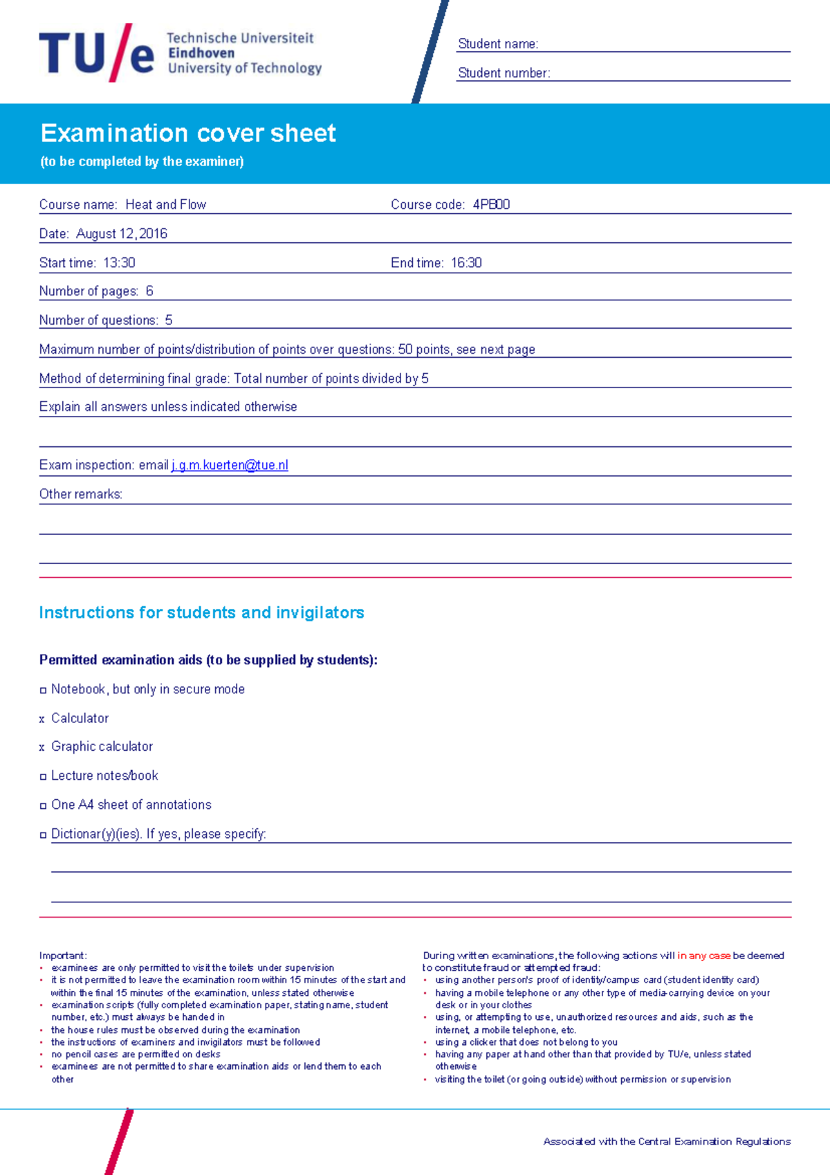 2016 Resit Exam - Heat and Flow (4PB00) Cover Sheet - Studeersnel