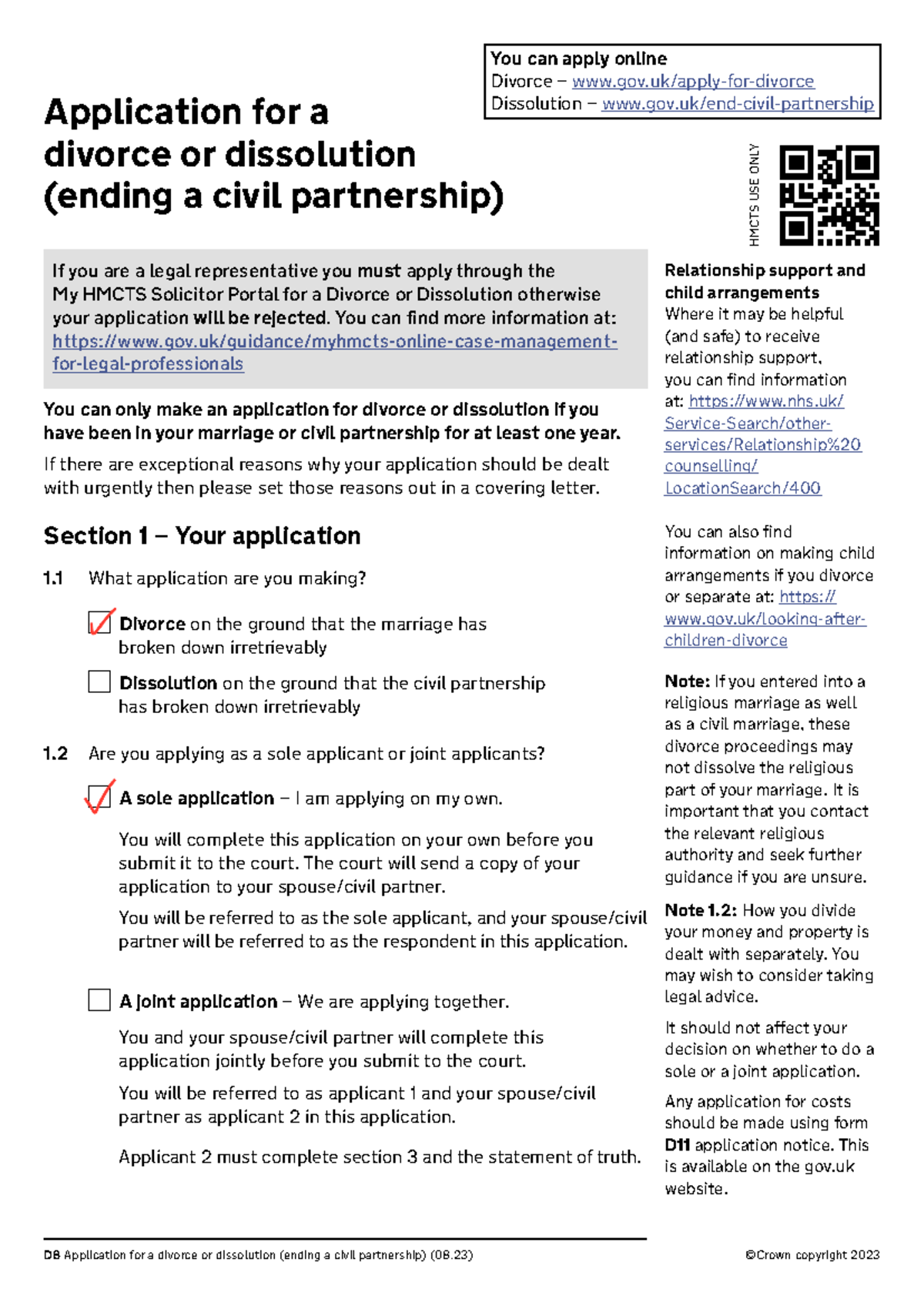 D8 divorce petition - D8 Application for a divorce or dissolution ...