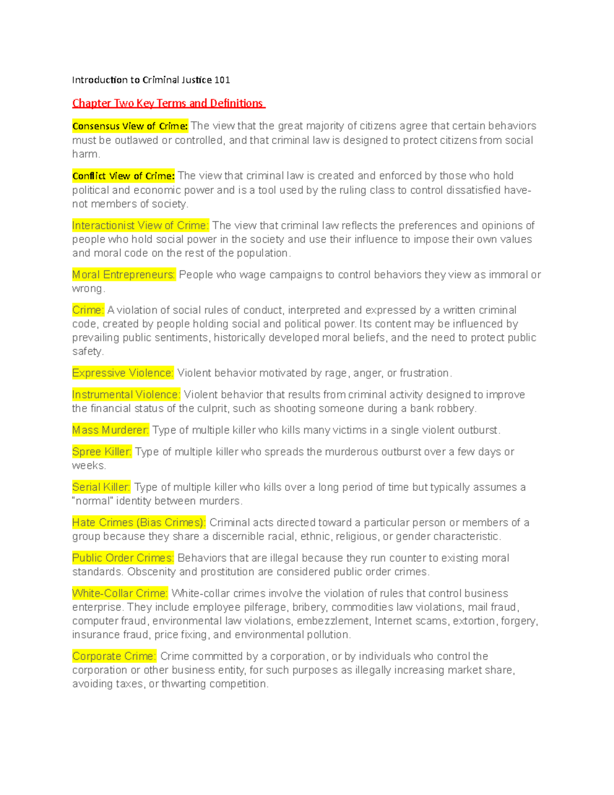 CJ 101 Vocab Study Guide: Chapter 2 Key Terms and Definitions - Studocu