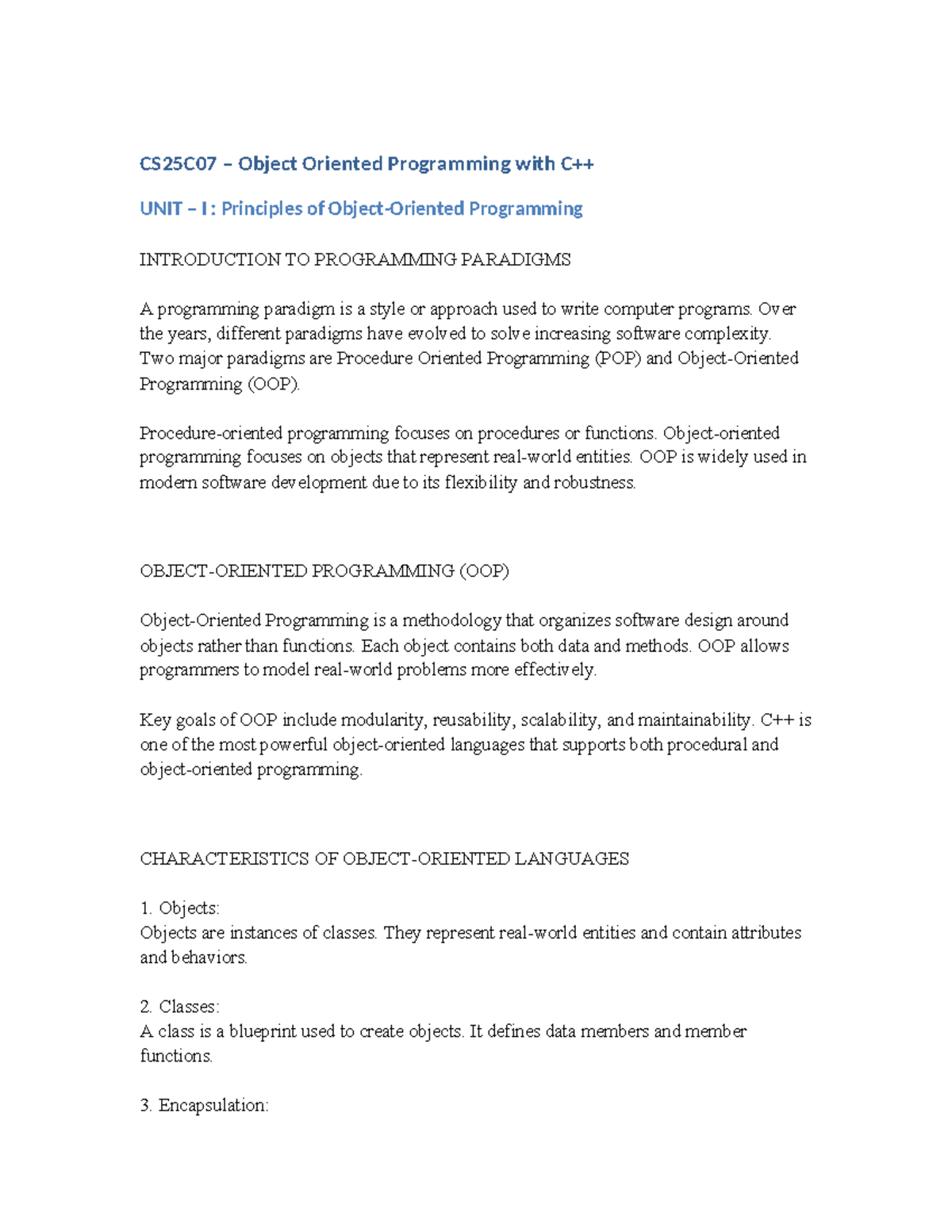 CS25C07 Unit I: Detailed Notes on Programming Paradigms and OOP ...