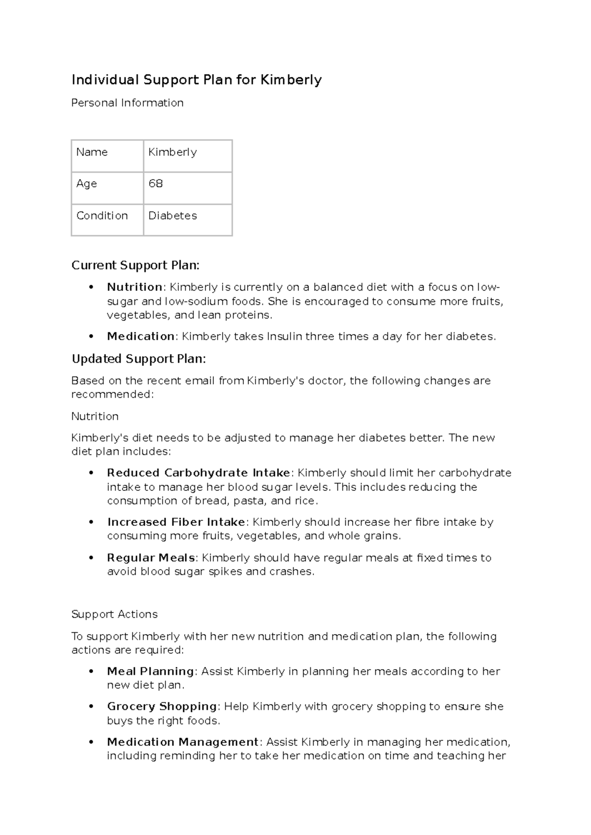 Individual Support Plan for Kimberly: Diabetes Management Guide - Studocu