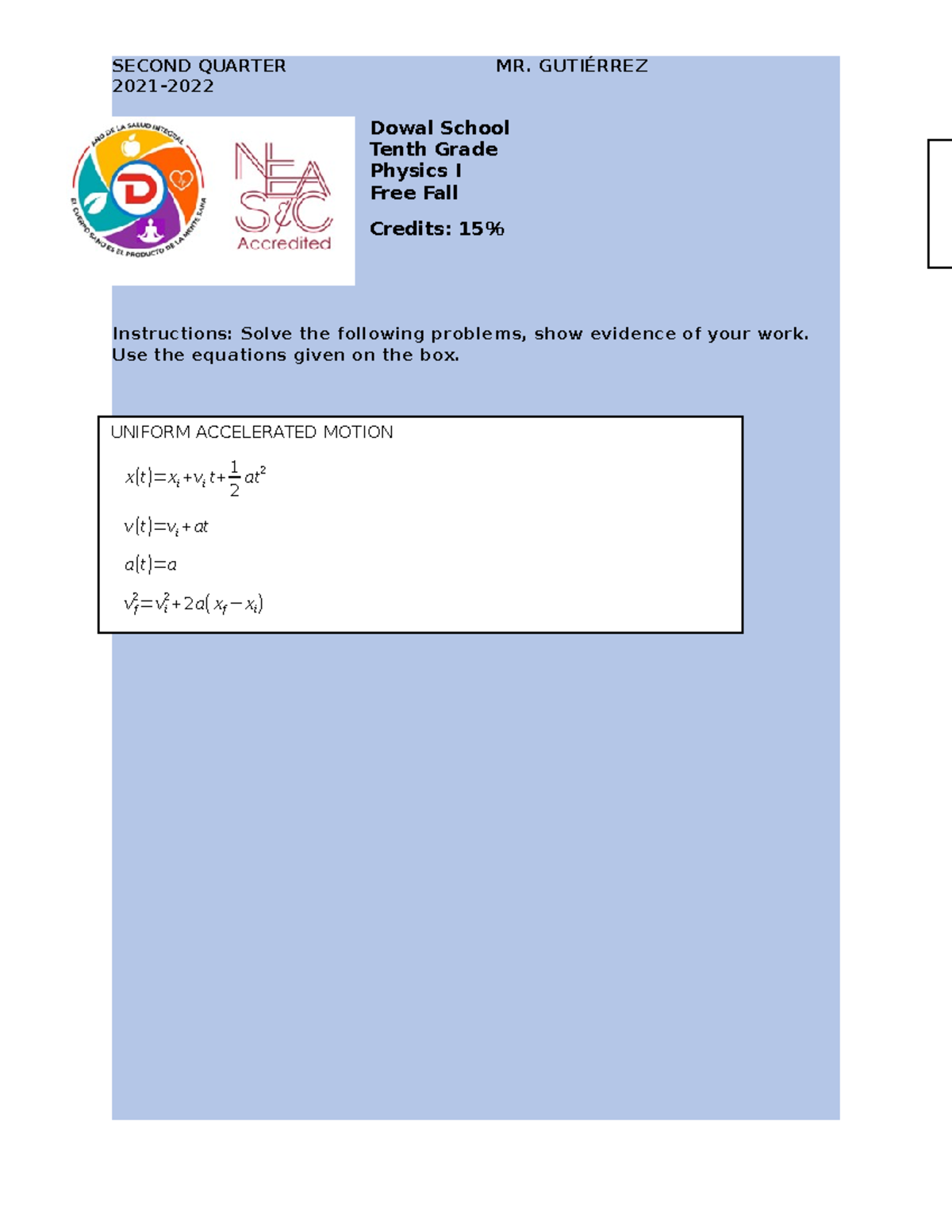 Free Fall - Act. 2 - 10th and answers document - 2021- Dowal School ...