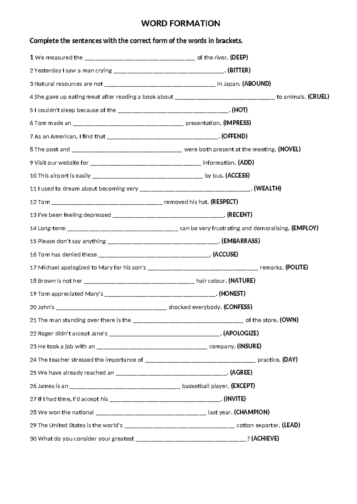 WORD FORMATION - Word Form Practice Exercises - Studocu