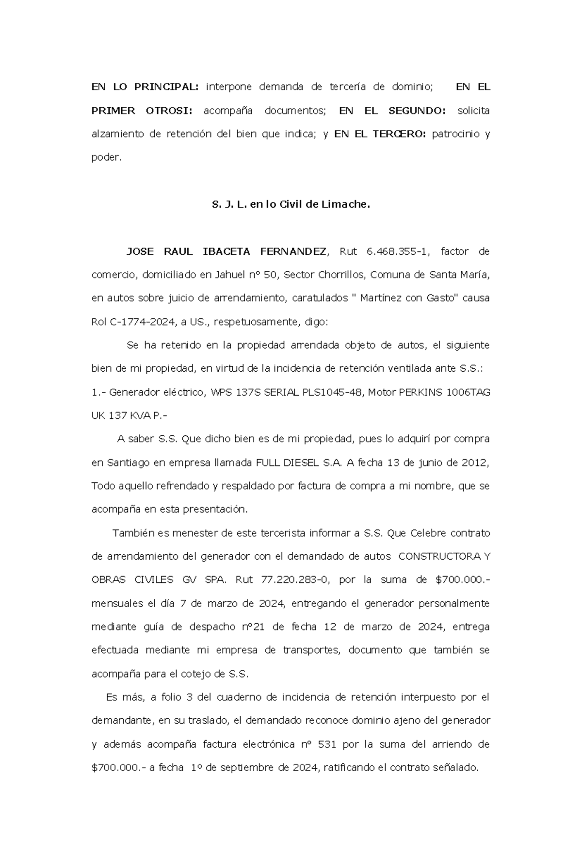 Tercería de Dominio en Juicio de Arrendamiento - Rol US - Studocu
