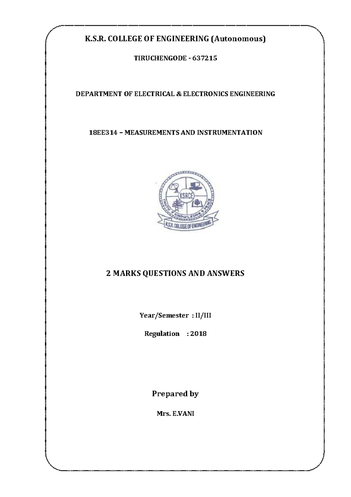 18EE314 Measurements and Instrumentation: 2 Marks Q&A Guide - Studocu