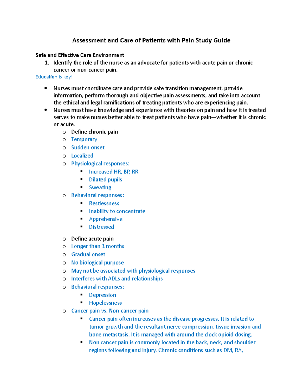 Pain Study Guide NU 300 - lecture notes for pain - Assessment and Care ...