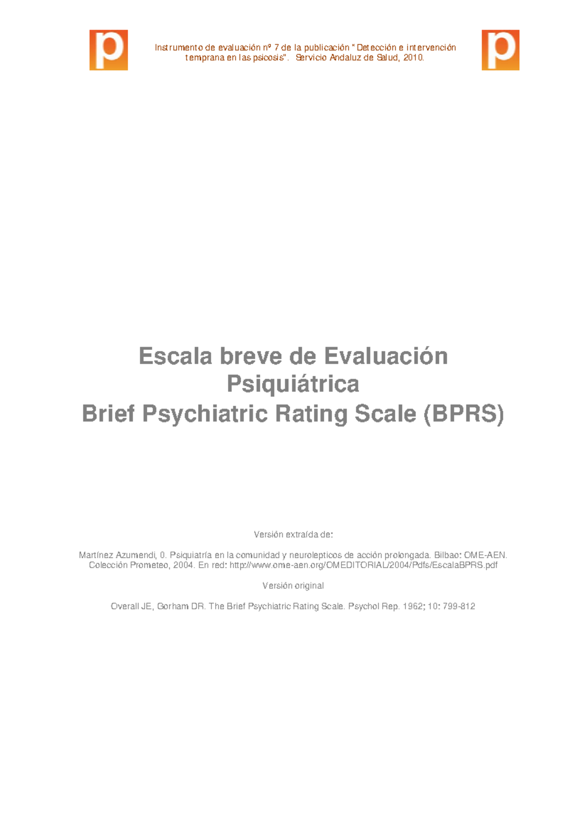 Escala Breve de Evaluación Psiquiátrica BPRS - Guía y Normas de Uso ...