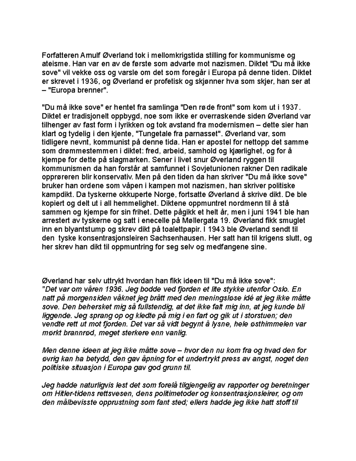 Du må ikke sove: Arnulf Øverlands politiske kampdikt fra 1936 - Studocu, image size:1200x1553