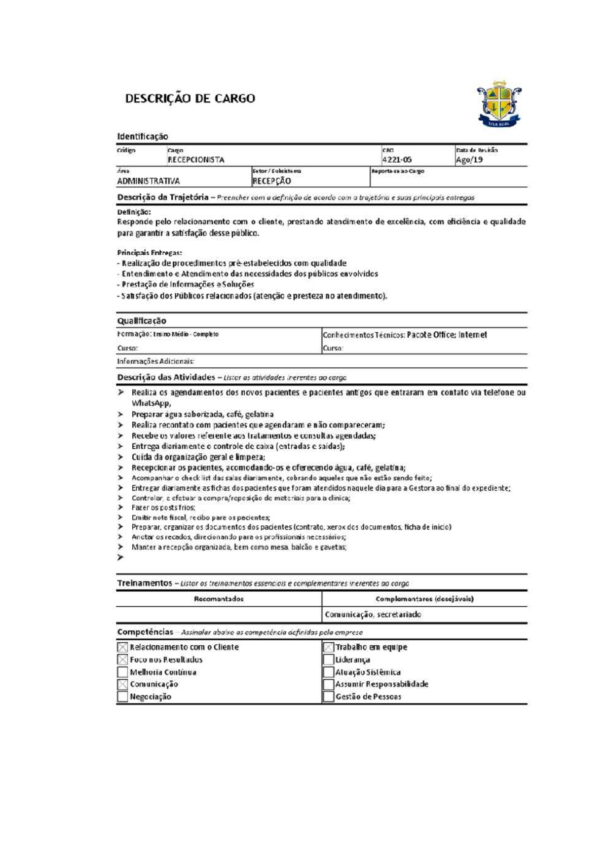 Análise de Funções: Descrição de Cargo - Recepcionista - Studocu