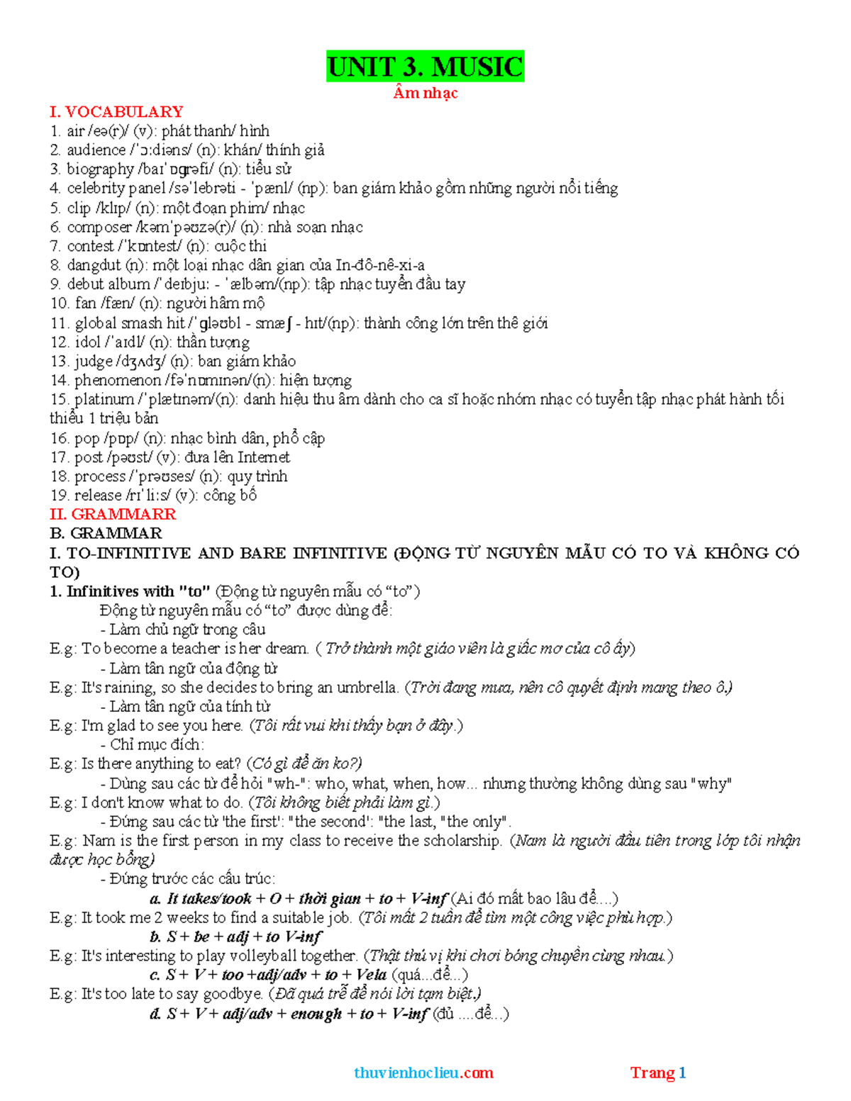 ANH 10 - Global - Unit 3: Music - Vocabulary and Grammar Notes with ...