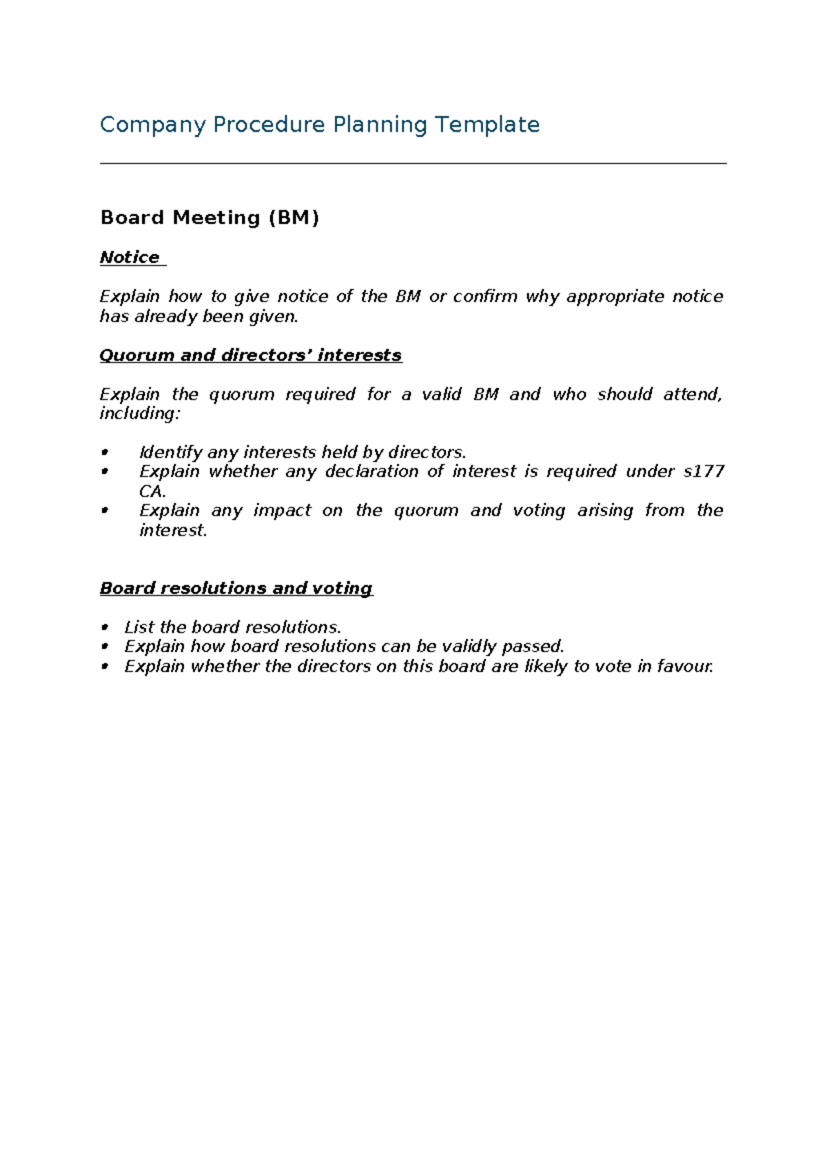 Company Procedure Planning Template - Quorum and directors’ interests ...