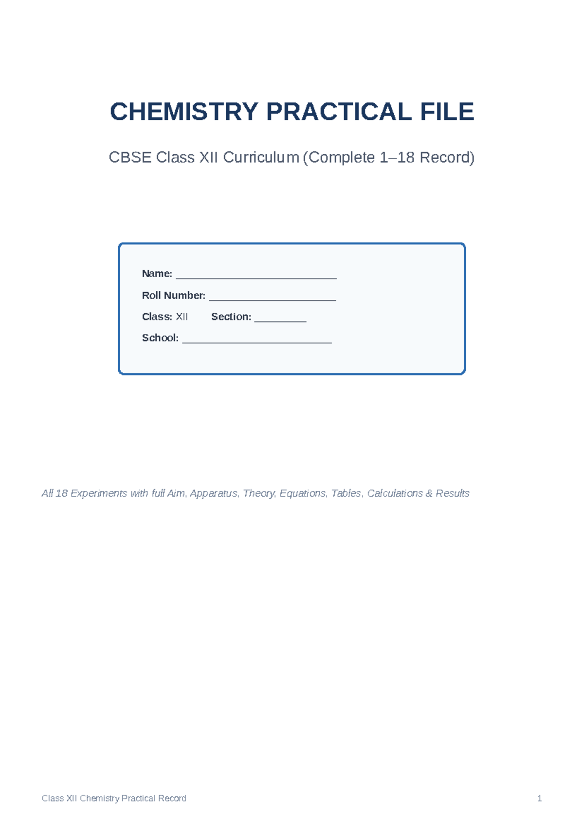 CBSE Class XII Chemistry Practical File: Complete Experiment Records ...