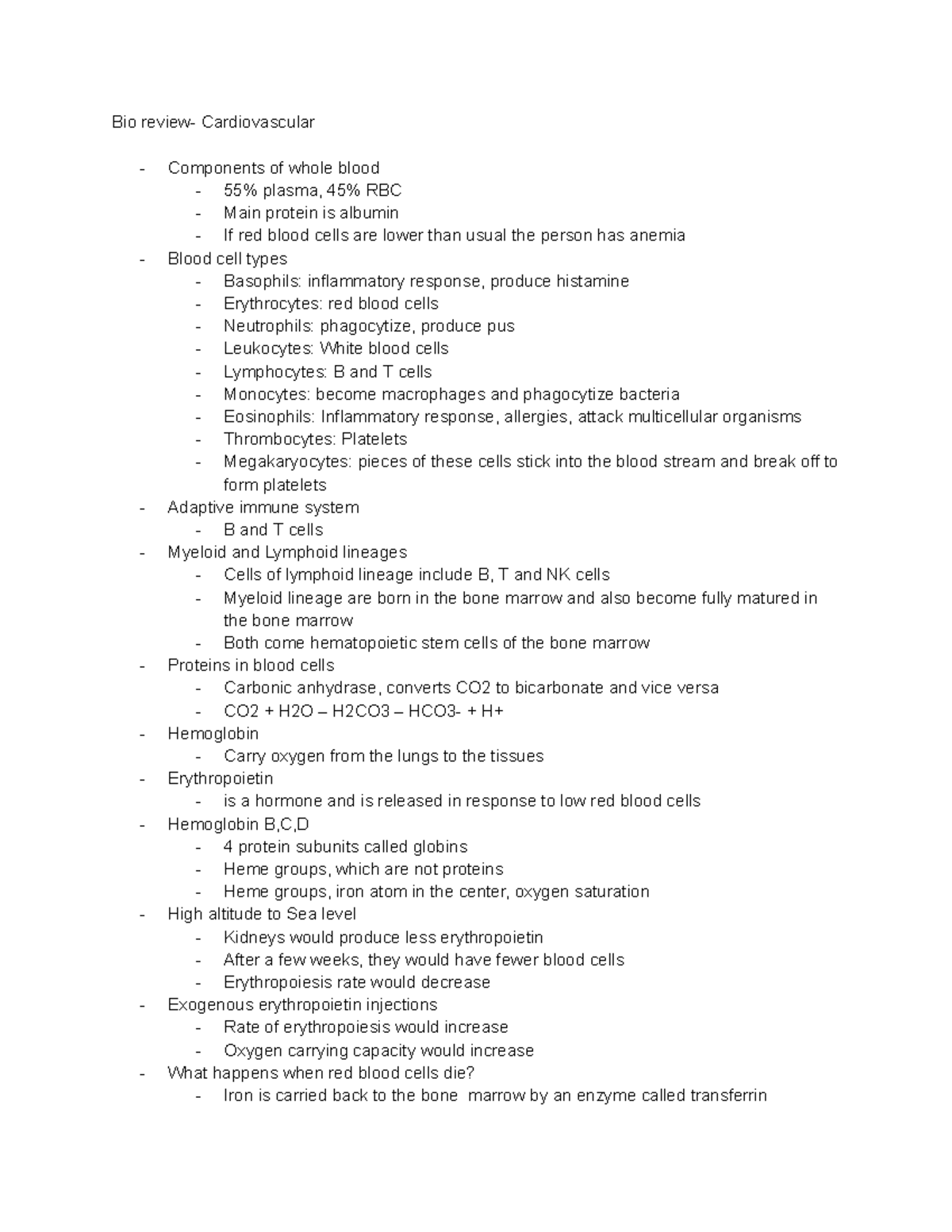 Bio Review: Cardiovascular System Overview - Studocu