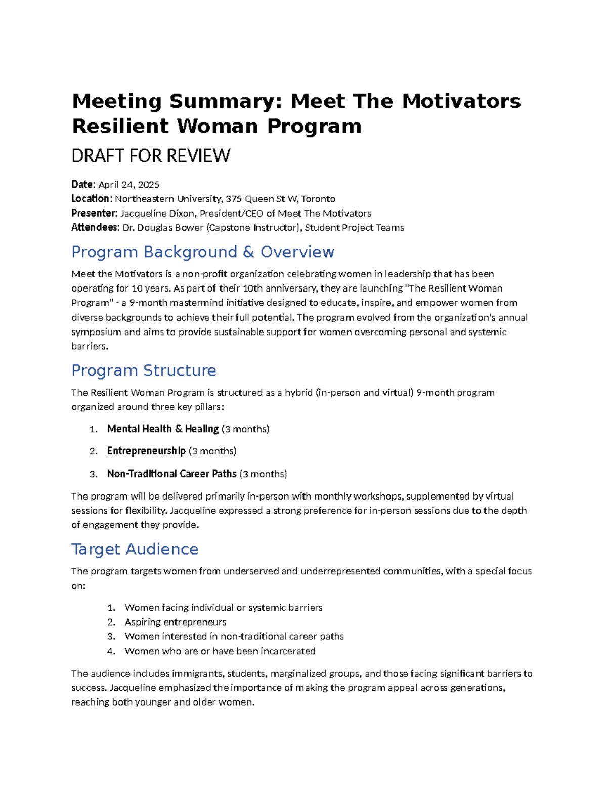 Meeting Summary: Resilient Woman Program DRAFT Review - J. Dixon at NEU ...