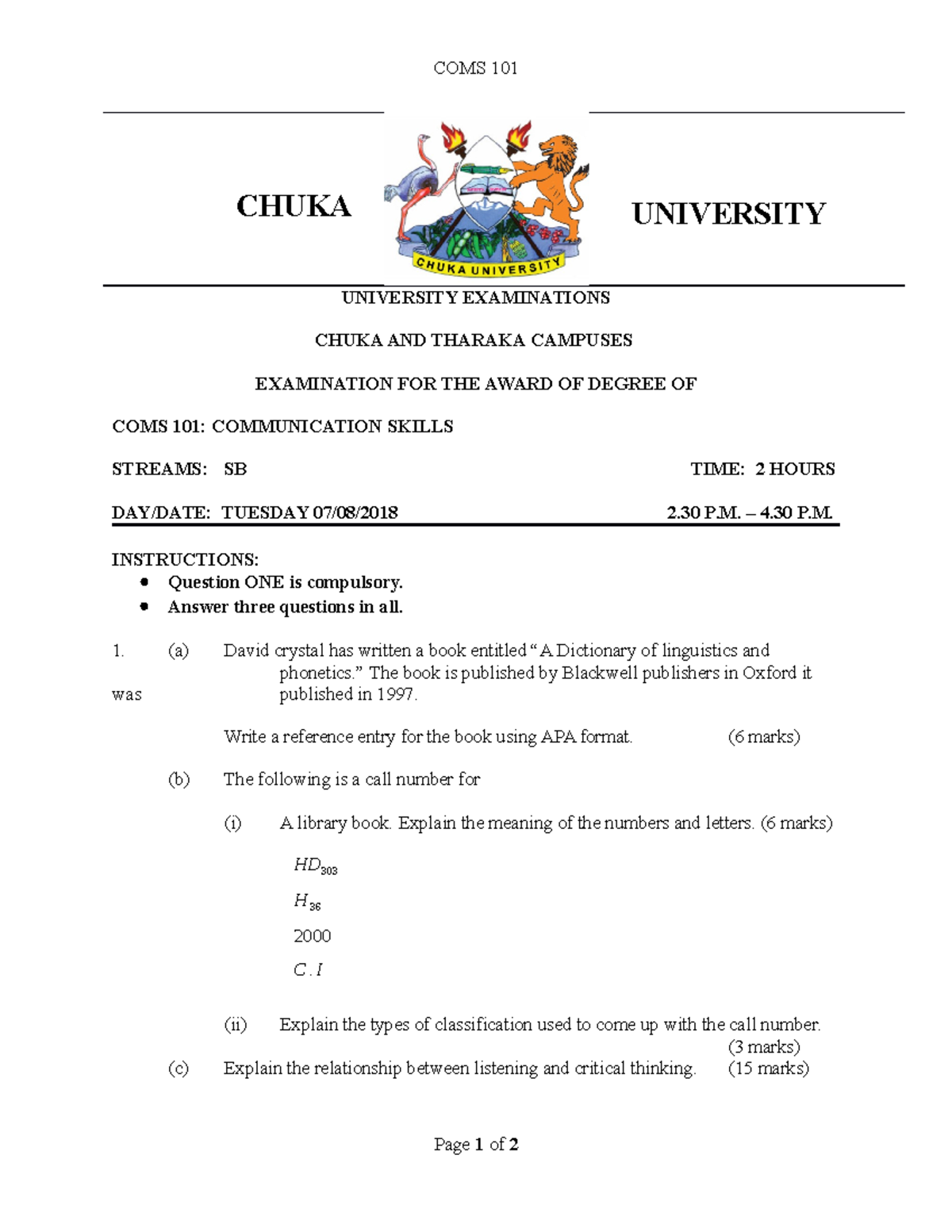 COMS 101 - Communication Skills University Examination Guide - Studocu