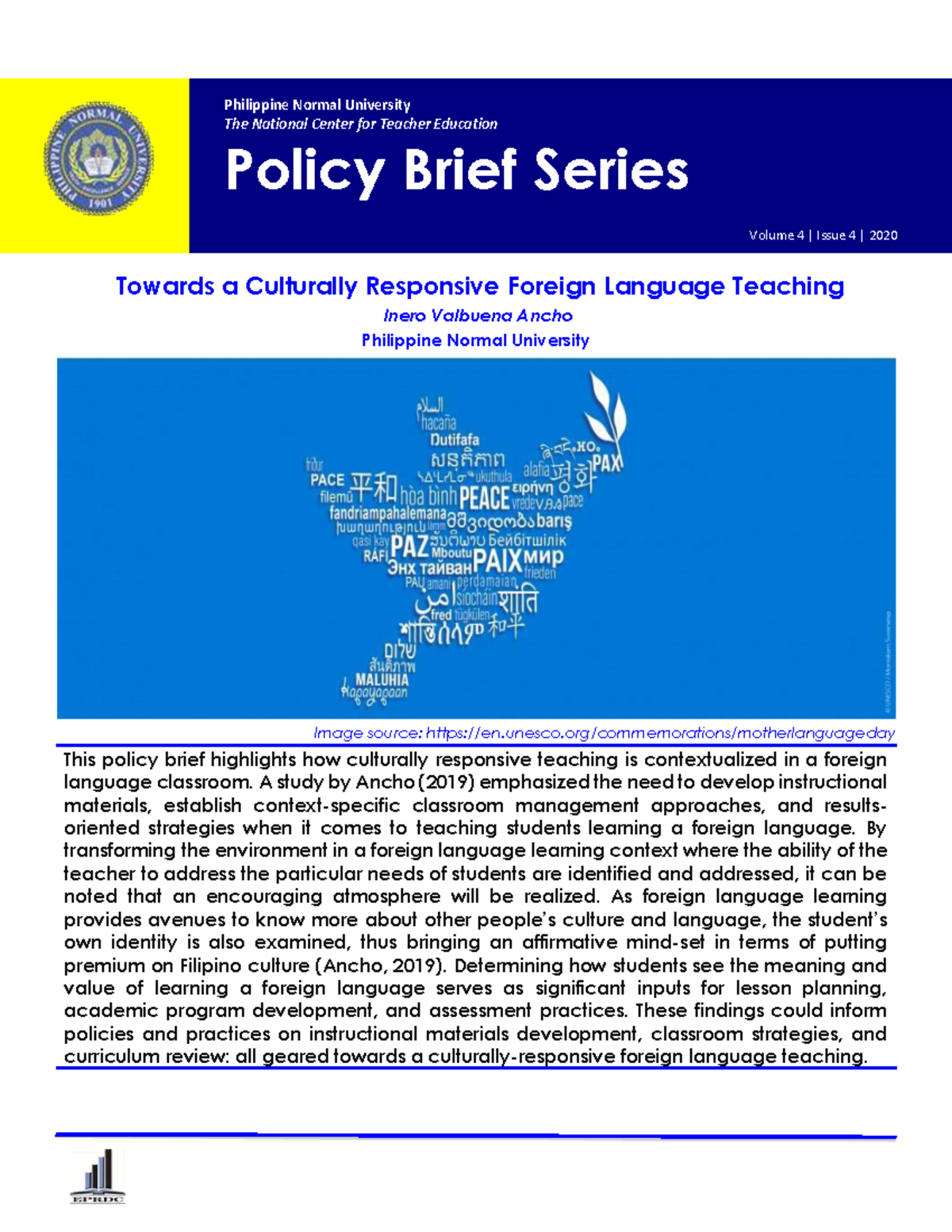 PNU Policy Brief: Culturally Responsive Foreign Language Teaching - Studocu