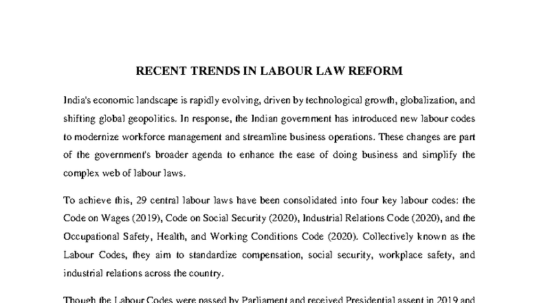 Labour Law Assignment: Recent Trends and Reforms in India - Studocu