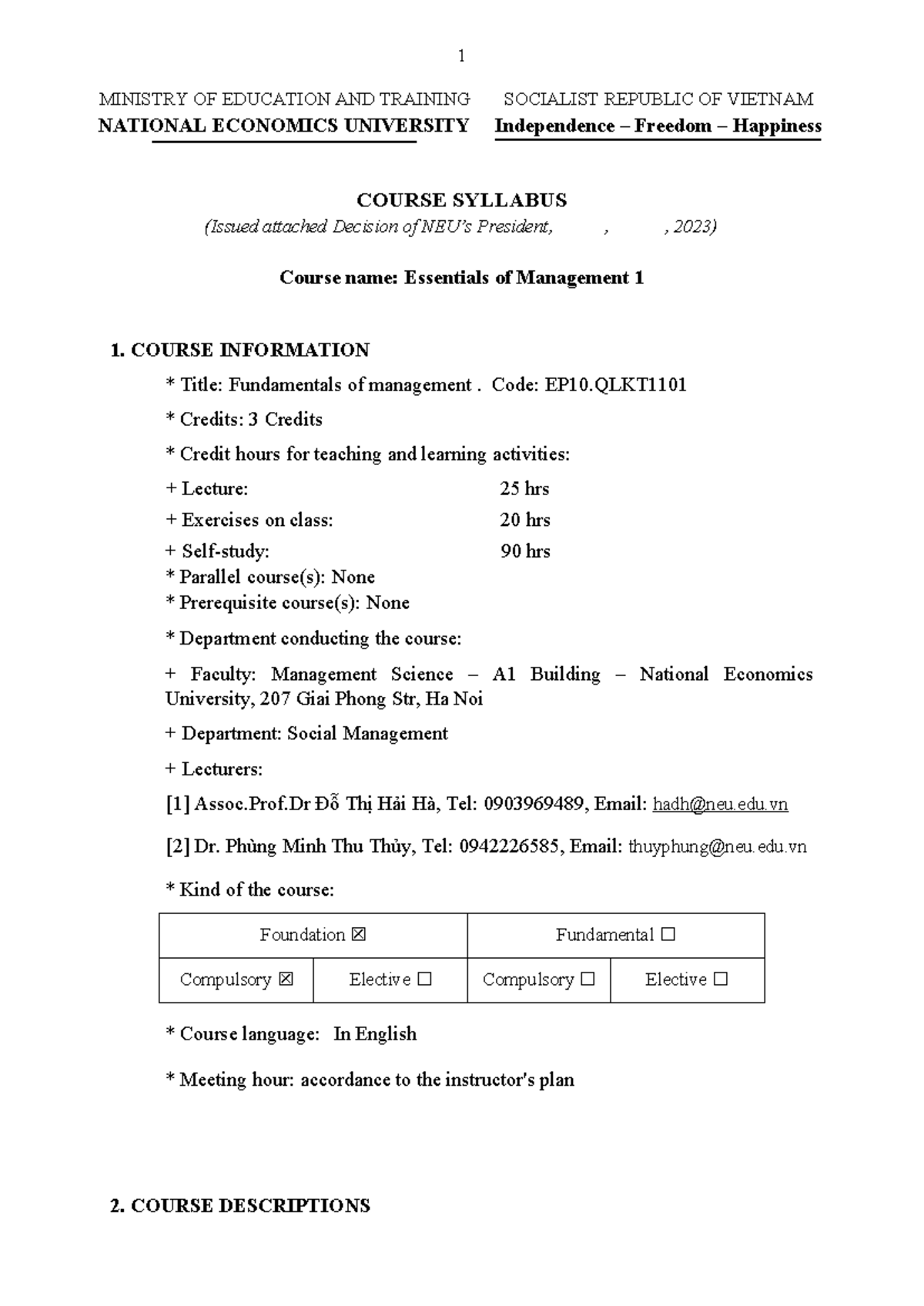 2025.QLKT1101 Essentials of Management Course Syllabus - Studocu