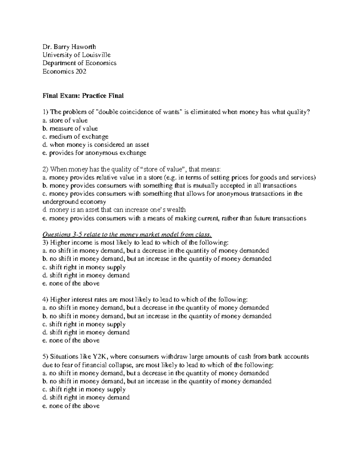 Economics 202 Final Exam: Practice Test by Dr. Barry Haworth - Studocu