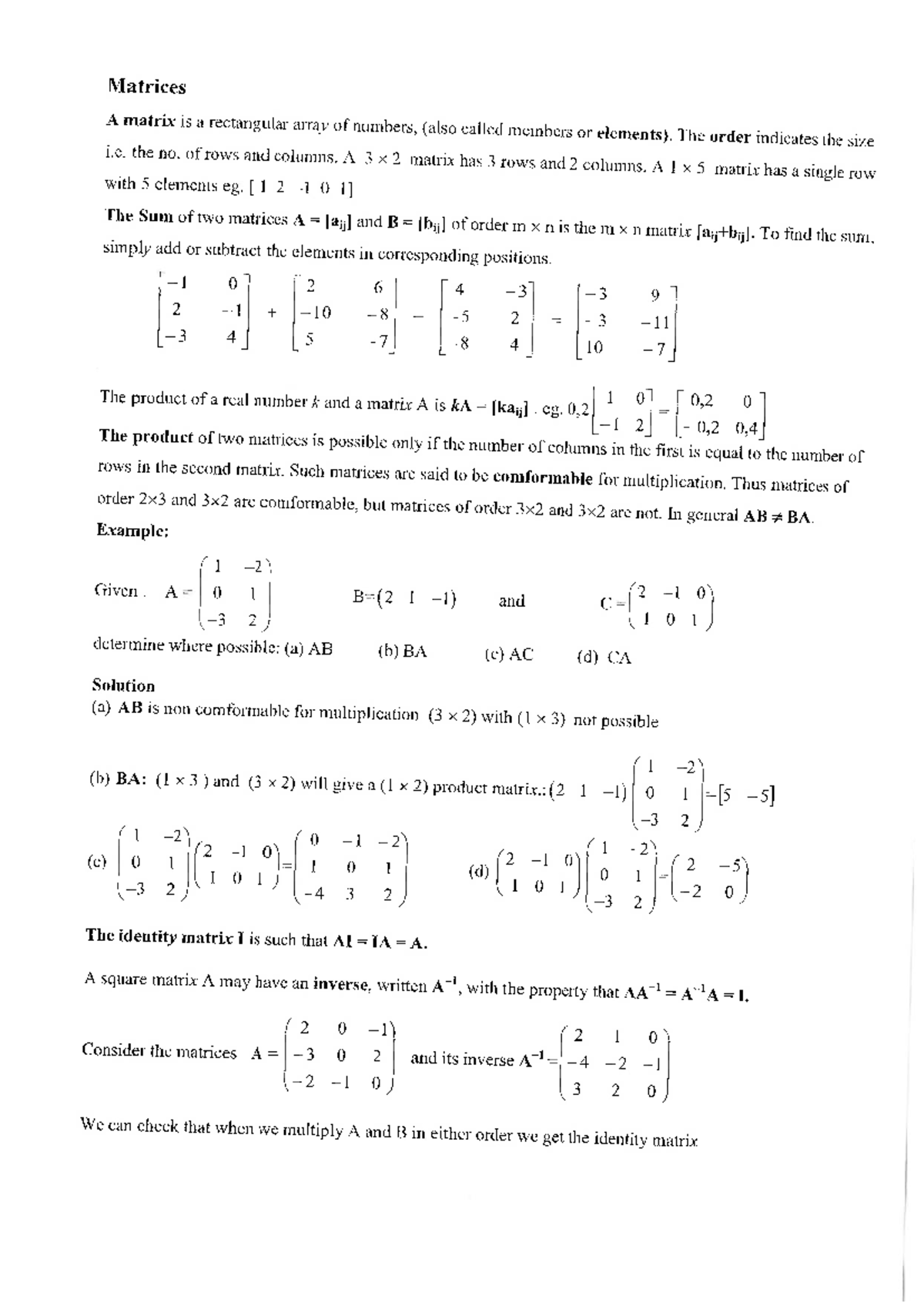 MATH101 Basic Matrices Study Notes and Operations Overview - Studocu