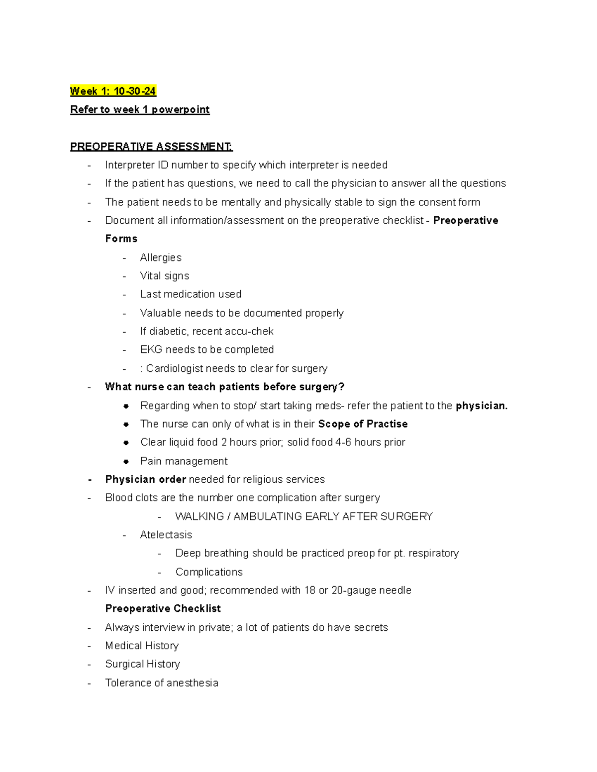 NURS 120 - Med Surg - Week 1 Preoperative Assessment Notes - Studocu