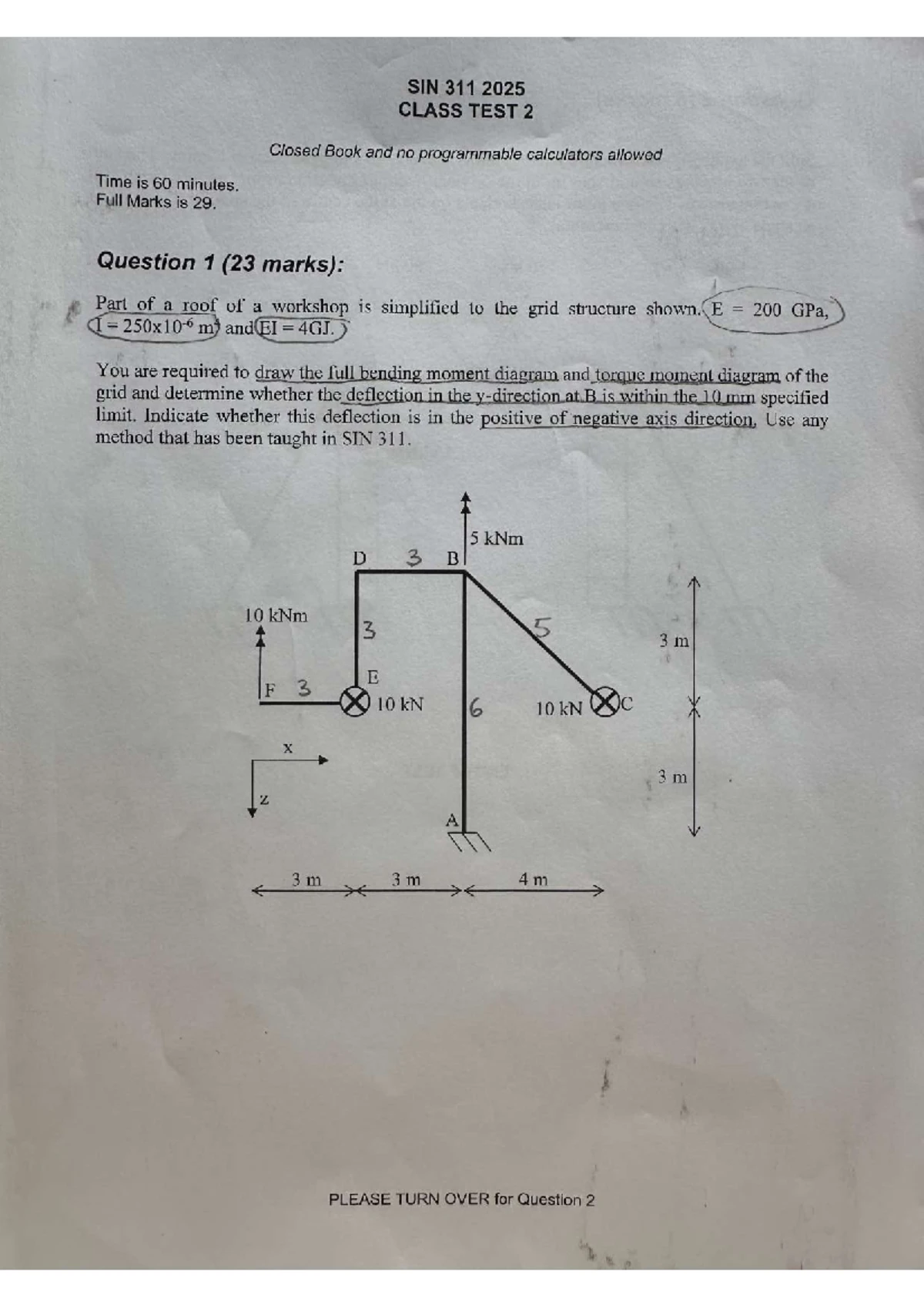 SIN 311 Structural Analysis Second Semester Test 2025 - Full Marks 68 ...