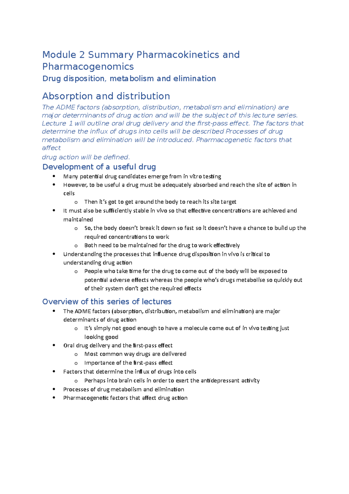 Module 2 Summary Pharmacokinetics and Pharmacogenomics - Lecture 1 will ...