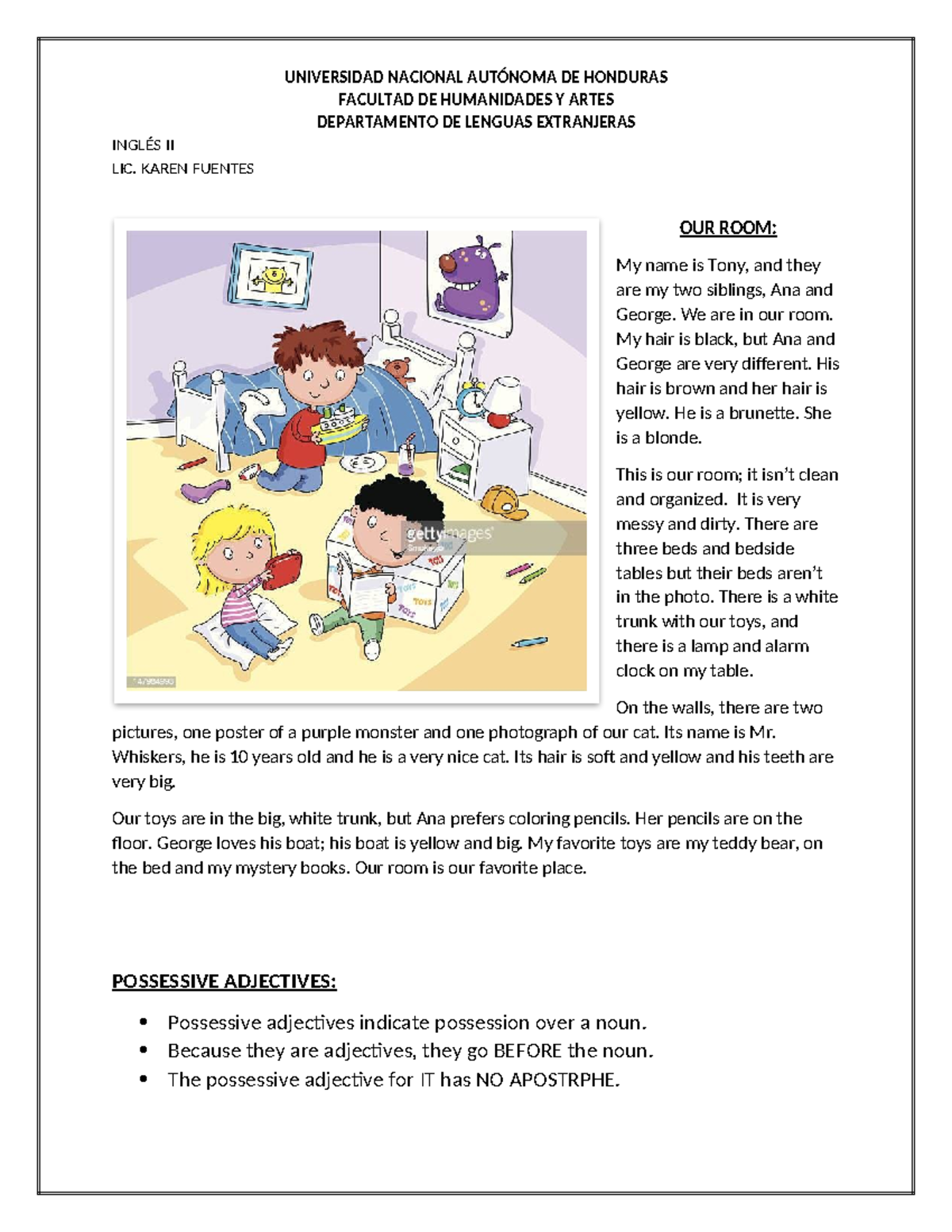 Possessive Adjectives Exercise for English II Course (UNAH) - Studocu