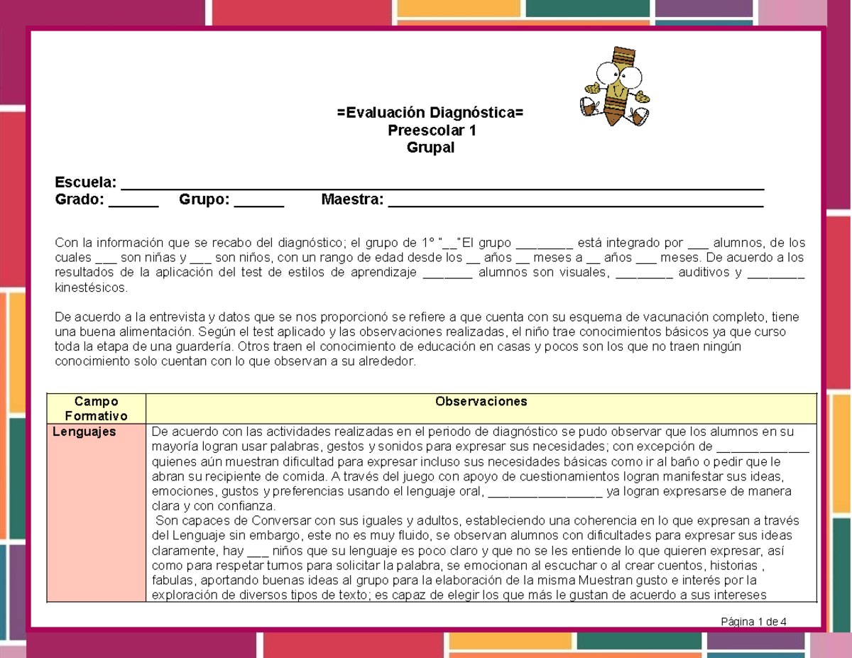 Diagnostico Grupal De Preescolar 1 Grado
