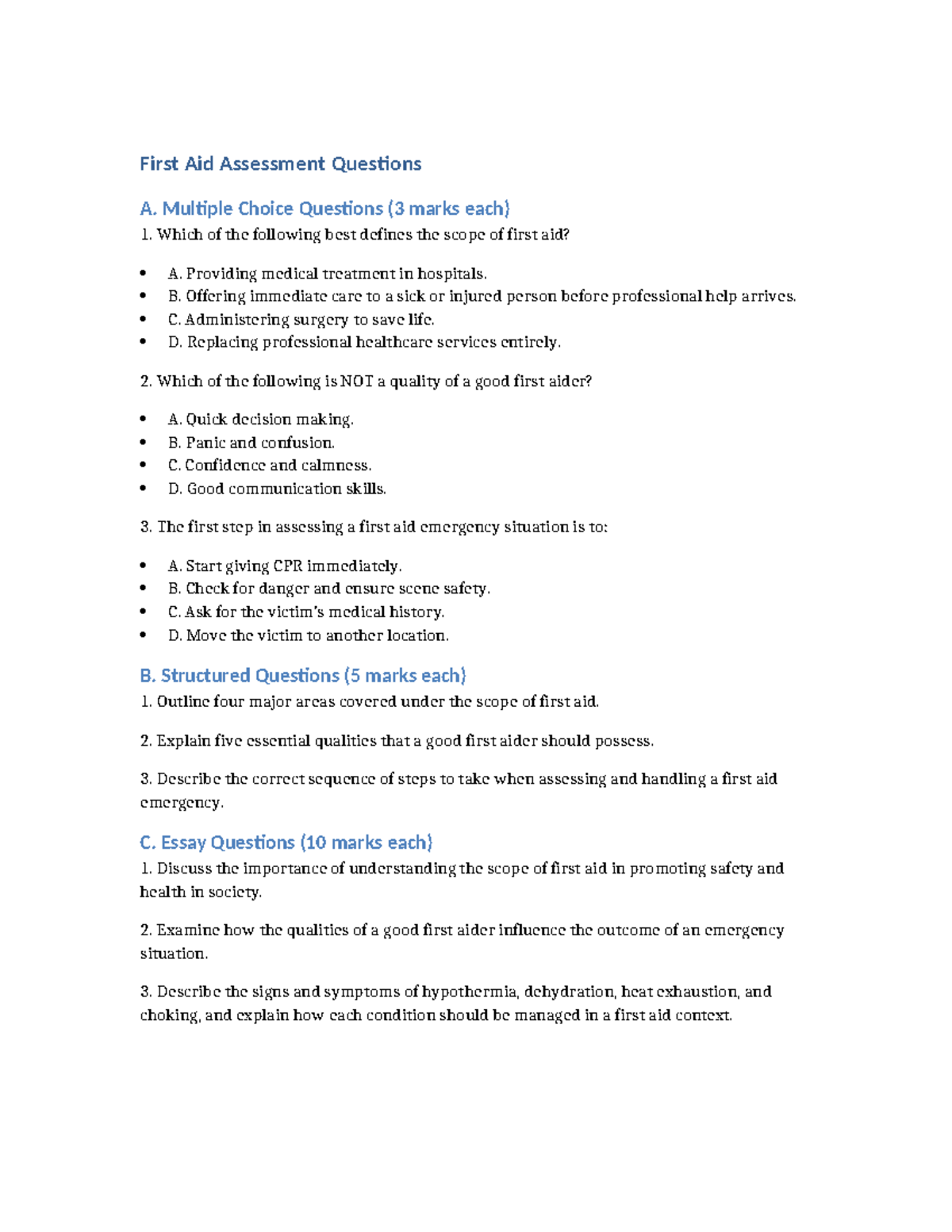 DPTE First Aid Assessment Questions and Answers - Studocu