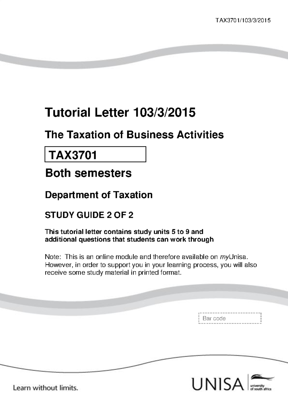 TAX3701-TL-103: Study Guide for Business Taxation (Units 5-9) - Studocu