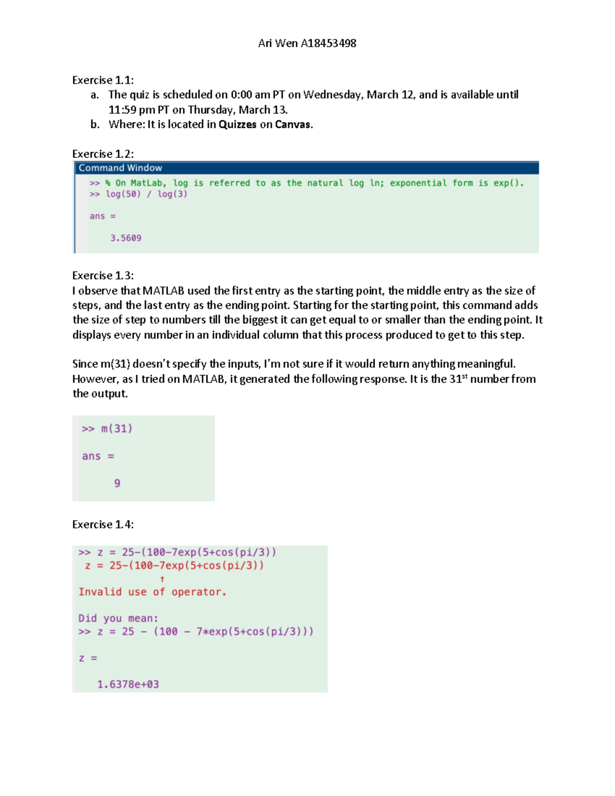 MATH 20D Matlab HW1: Exercises and Quiz Details - Studocu