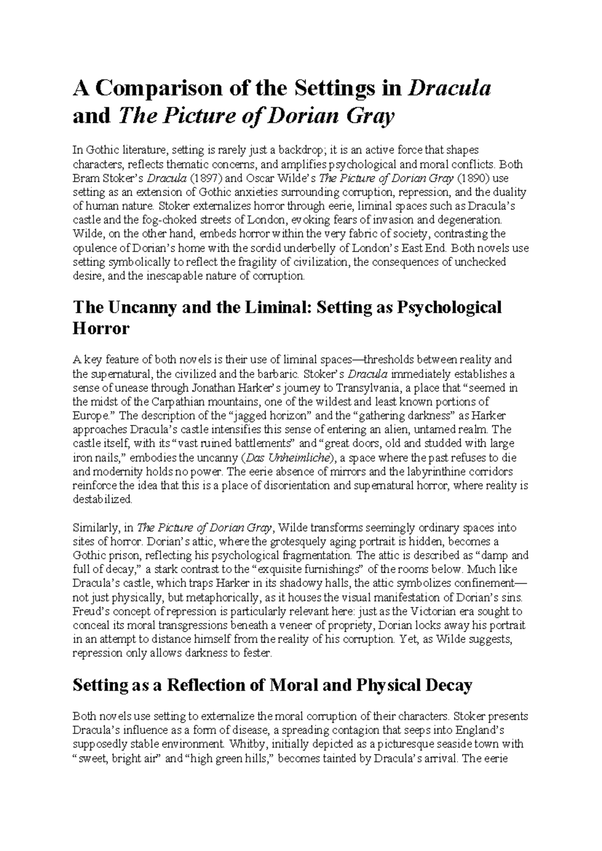 Comparative Analysis of Setting in Dracula and The Picture of Dorian Gray - Document Preview