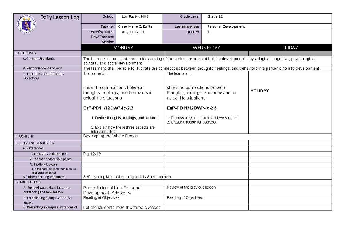 DLL Perdev Q1 W4: Daily Lesson Log for Personal Development - Studocu
