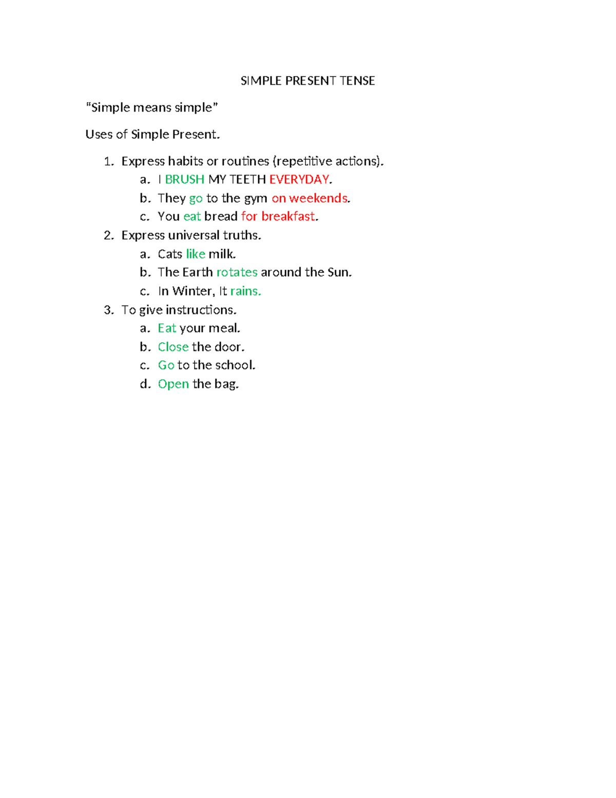 Simple Present Tense - Uses and Examples (ENG 101) - Studocu