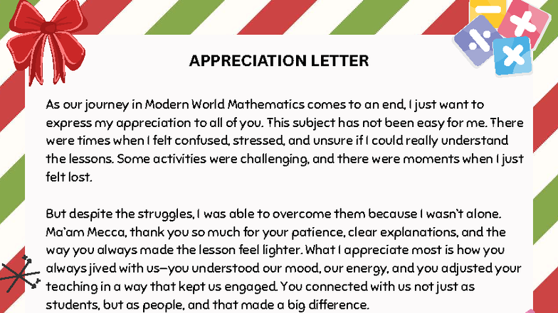 APPRECIATION LETTER FOR MODERN WORLD MATH COURSE - Studocu