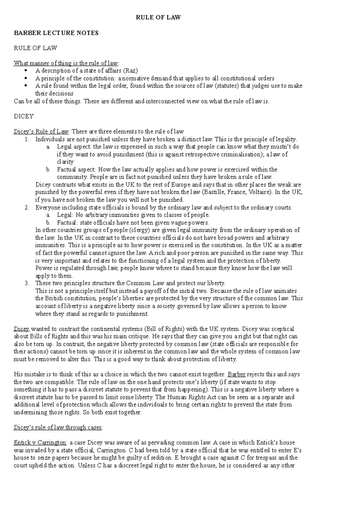 BARBER LECTURE NOTES: Understanding the Rule of Law Principles - Studocu