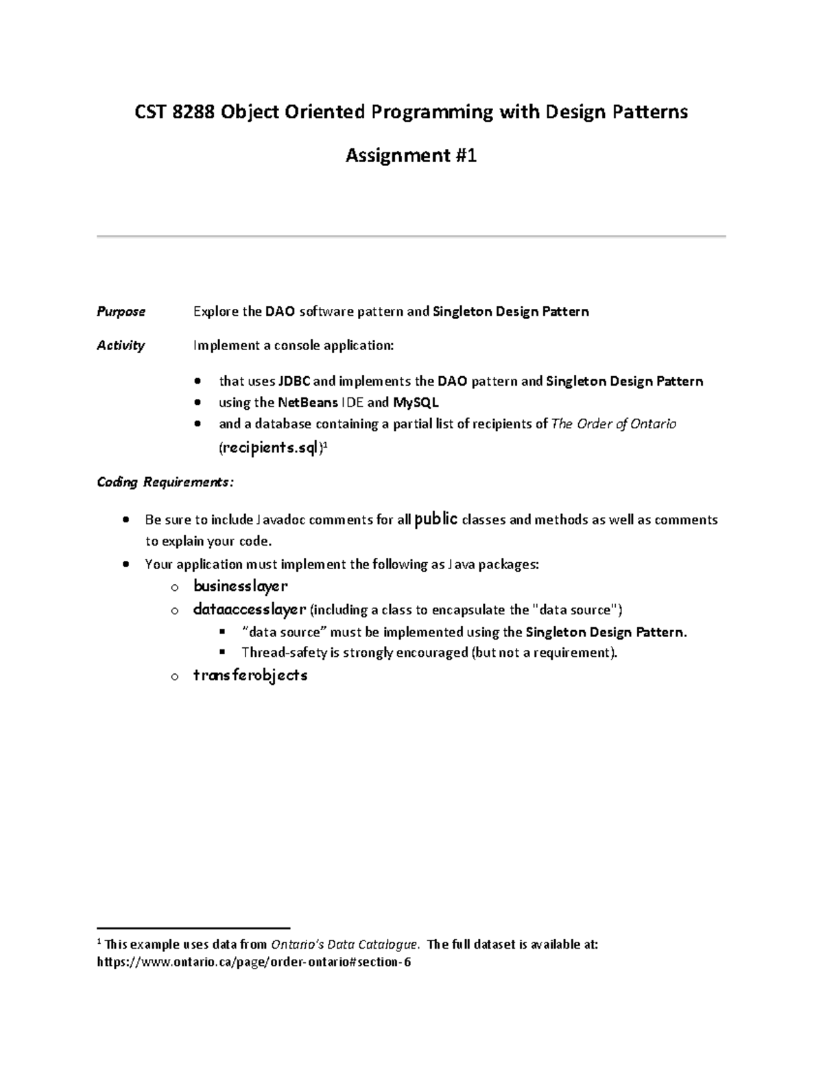CST 8288 Assignment 1: Implementing DAO & Singleton Patterns in Java ...