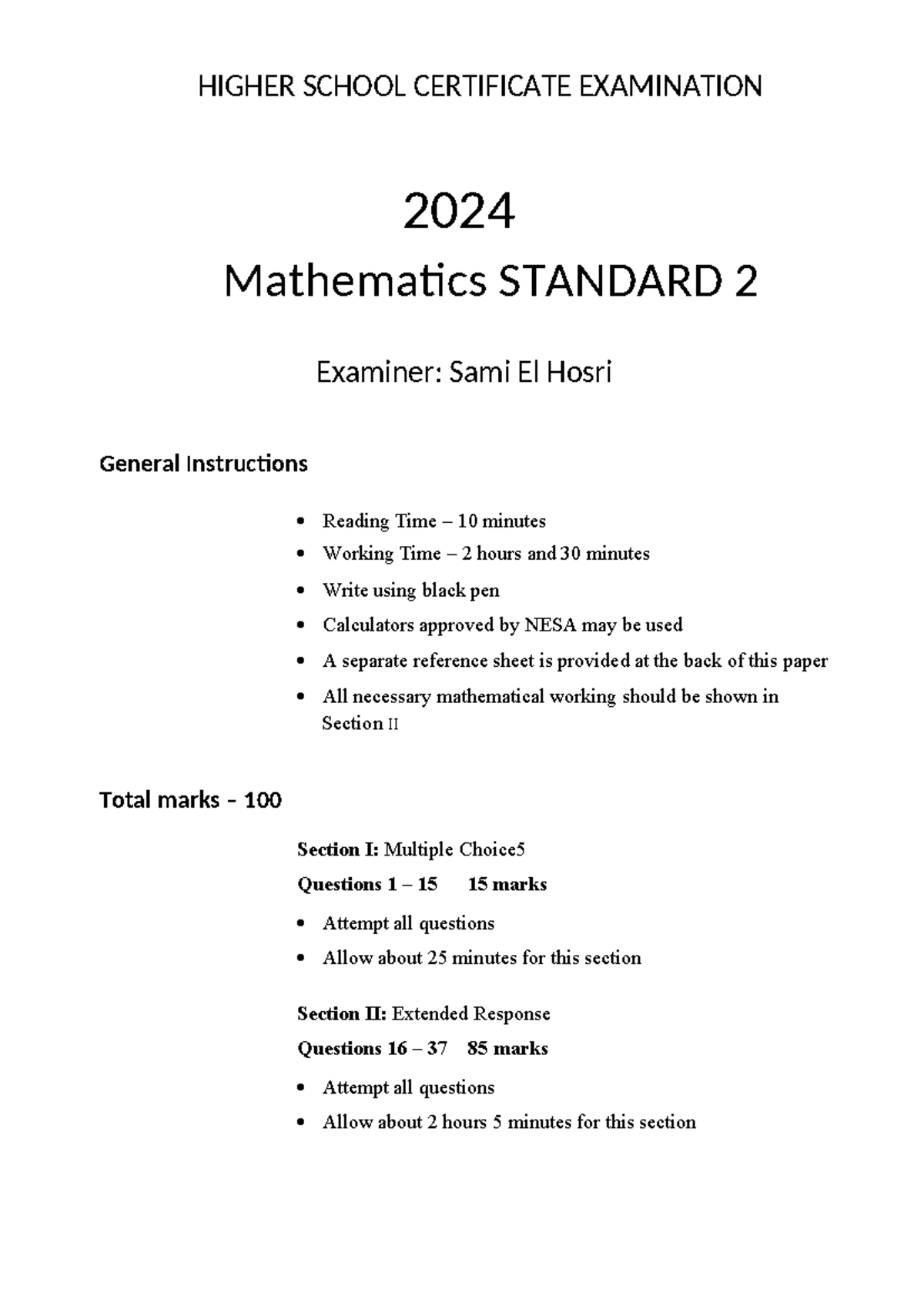 2024 HSC Mathematics Standard 2 Trial Exam Paper - Studocu