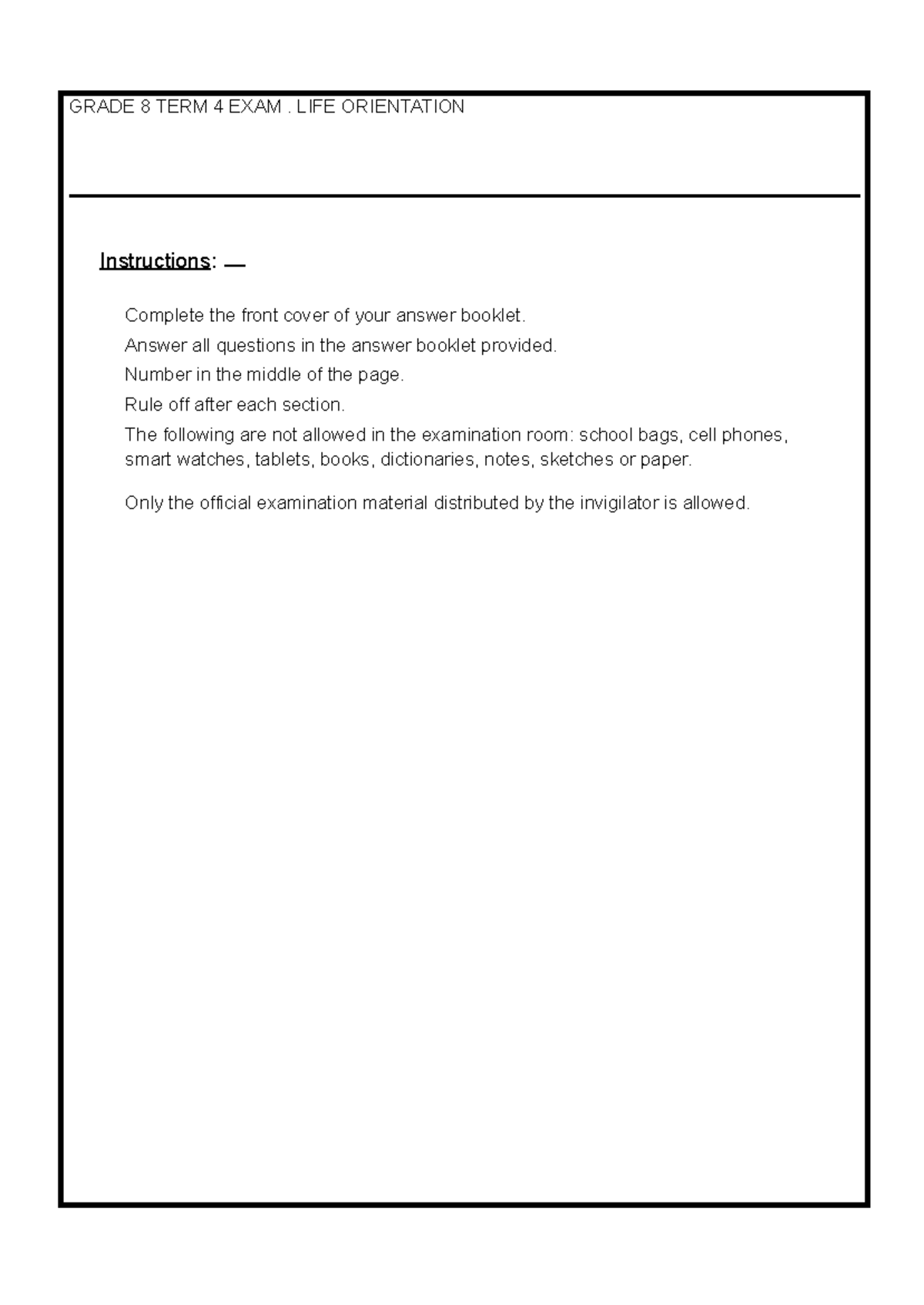 LO GRADE 8 TERM 4 EXAM - LIFE ORIENTATION ANALYSIS - Studocu