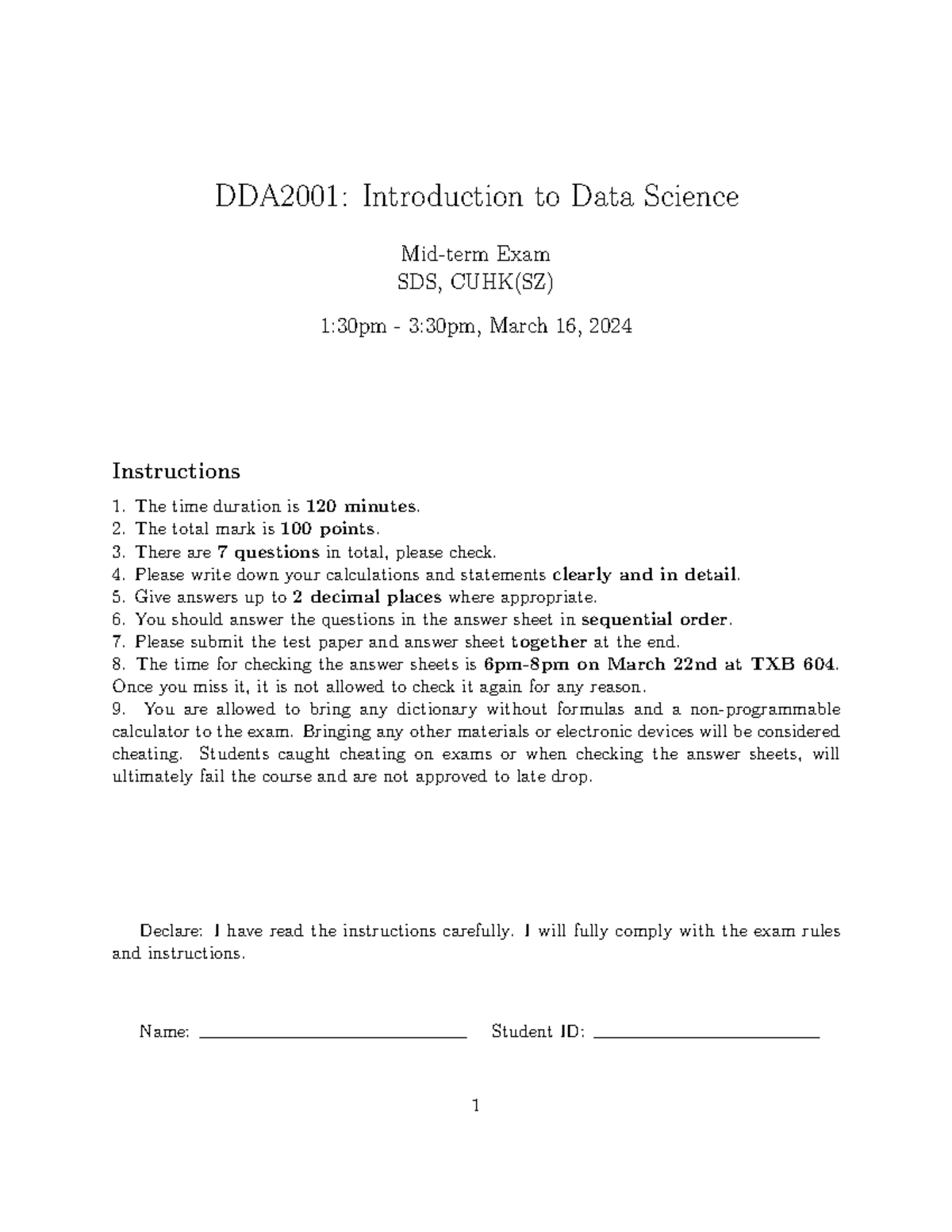 DDA2001: Midterm Exam Solutions for Data Science, CUHK(SZ) - Studocu