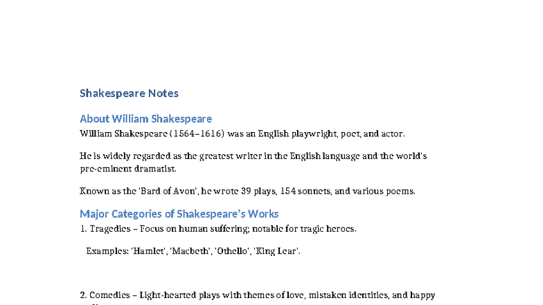 Shakespeare Notes: Key Themes & Works Overview - Studocu
