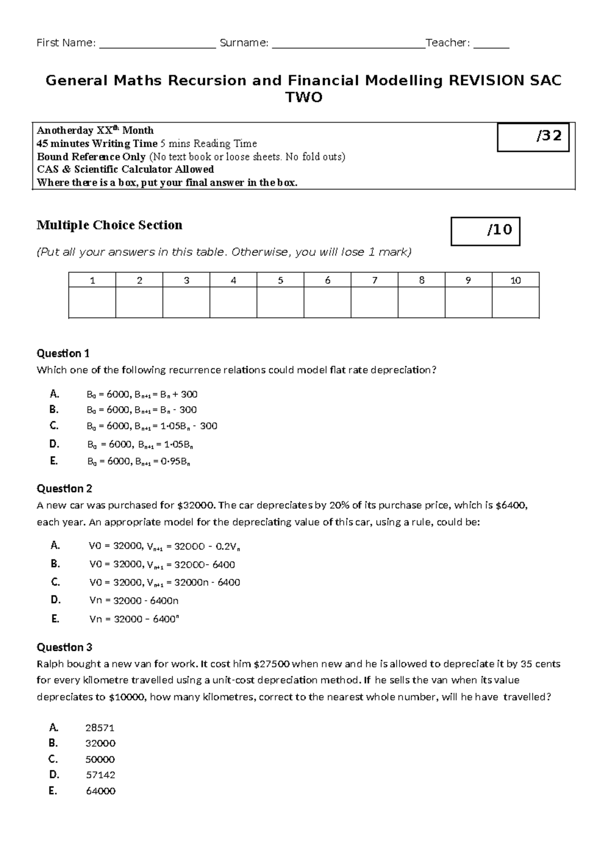 General Maths Recursion & Financial Modelling Revision SAC 2 - Studocu