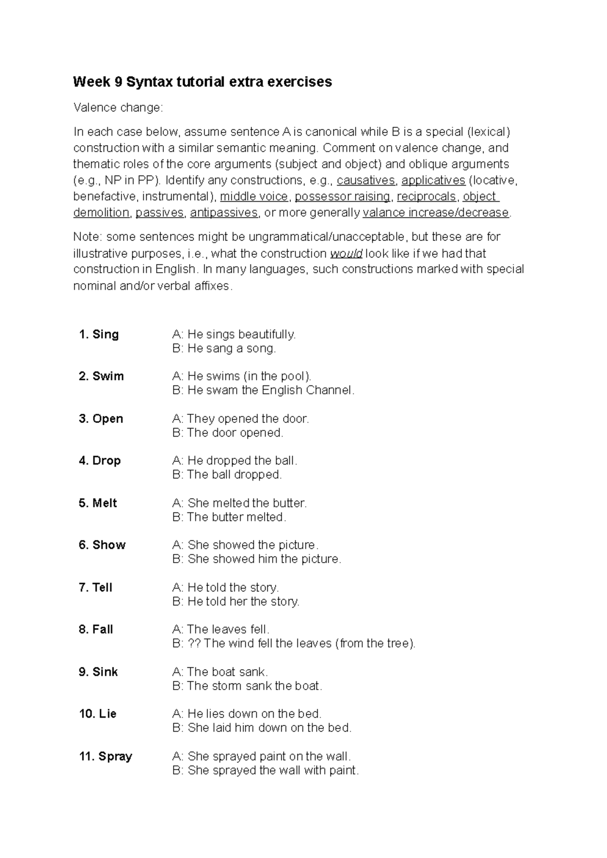 Tute W9: Syntax Tutorial Extra Exercises on Valence Change - Studocu