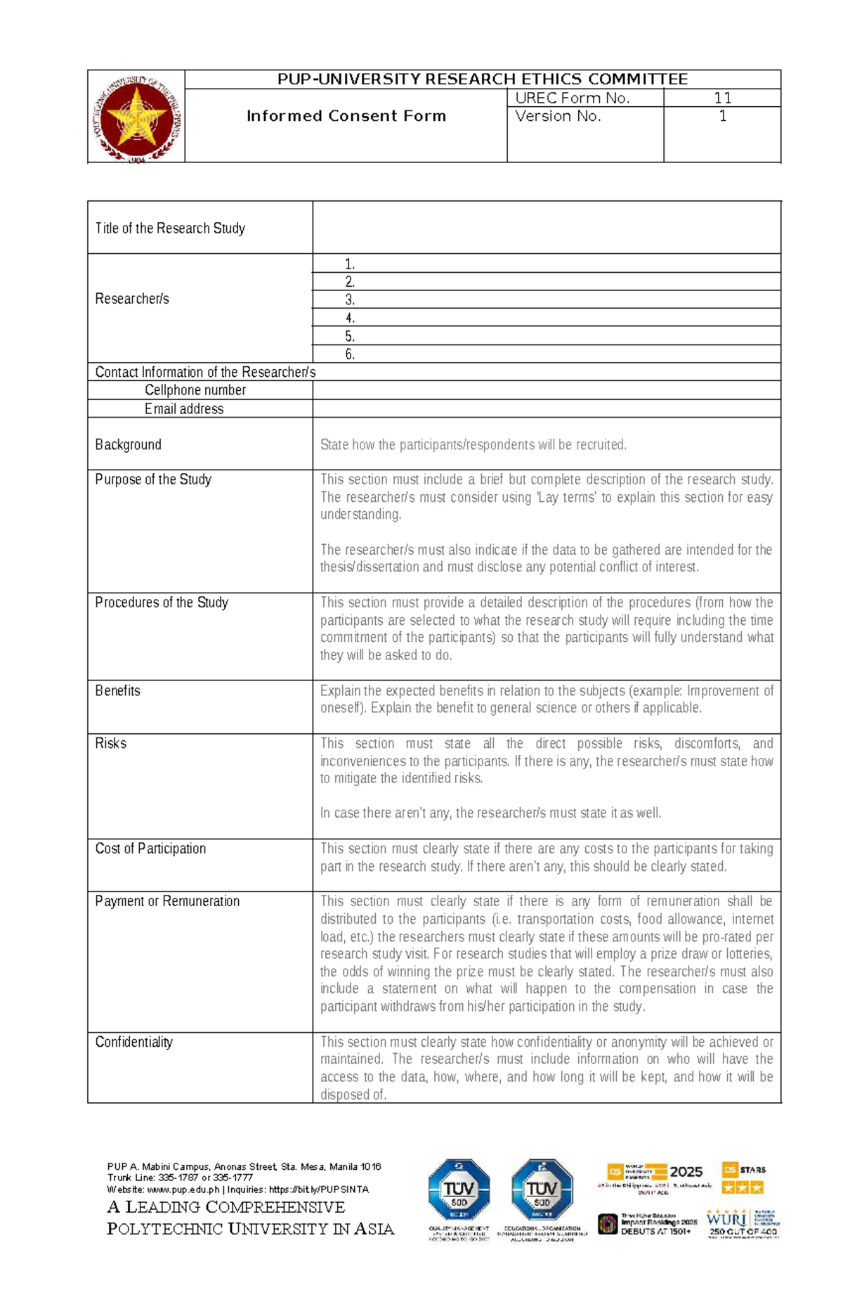 UREC Form No. 11: Informed Consent Guidelines for Research Study - Studocu