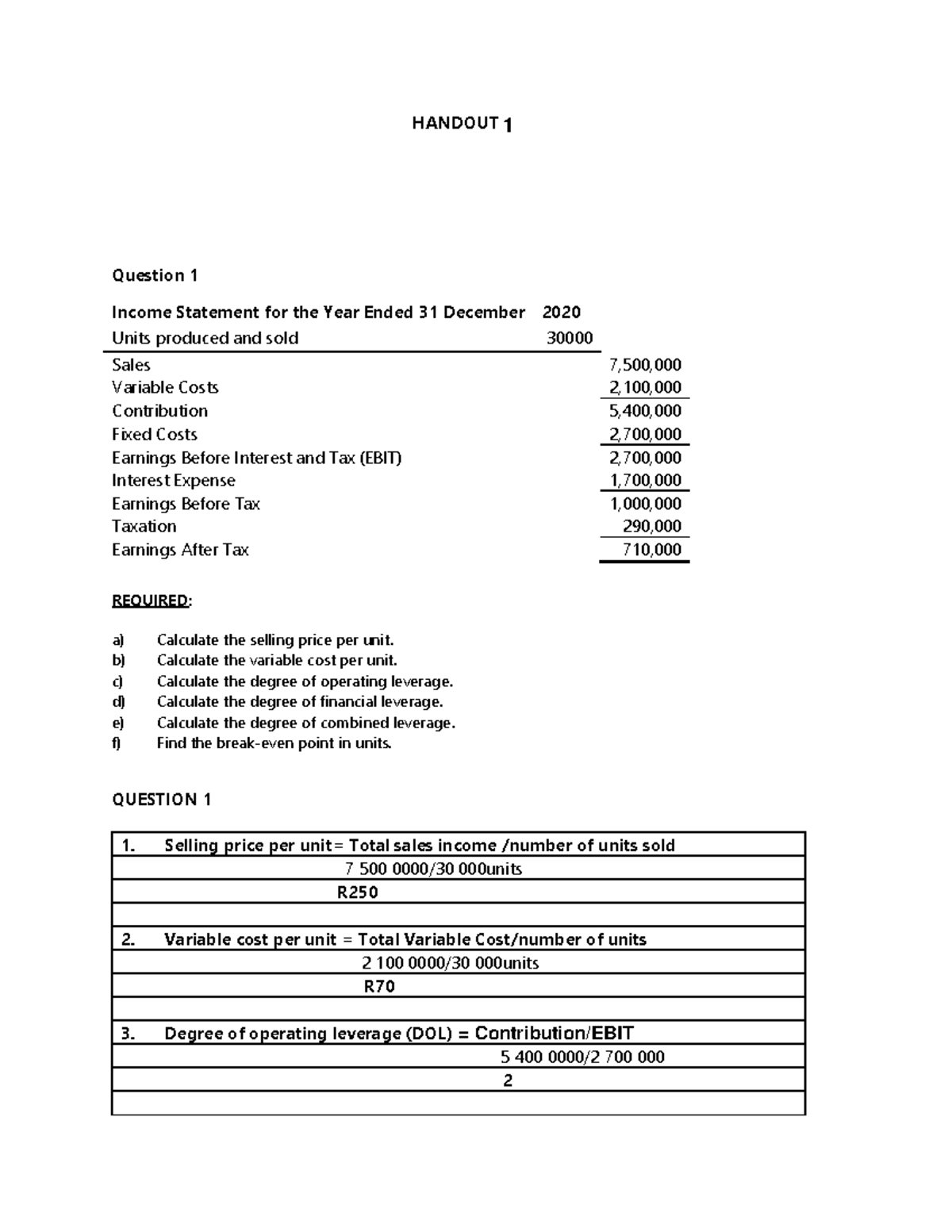 Handout 1: Financial Analysis & Calculations for Income Statements ...