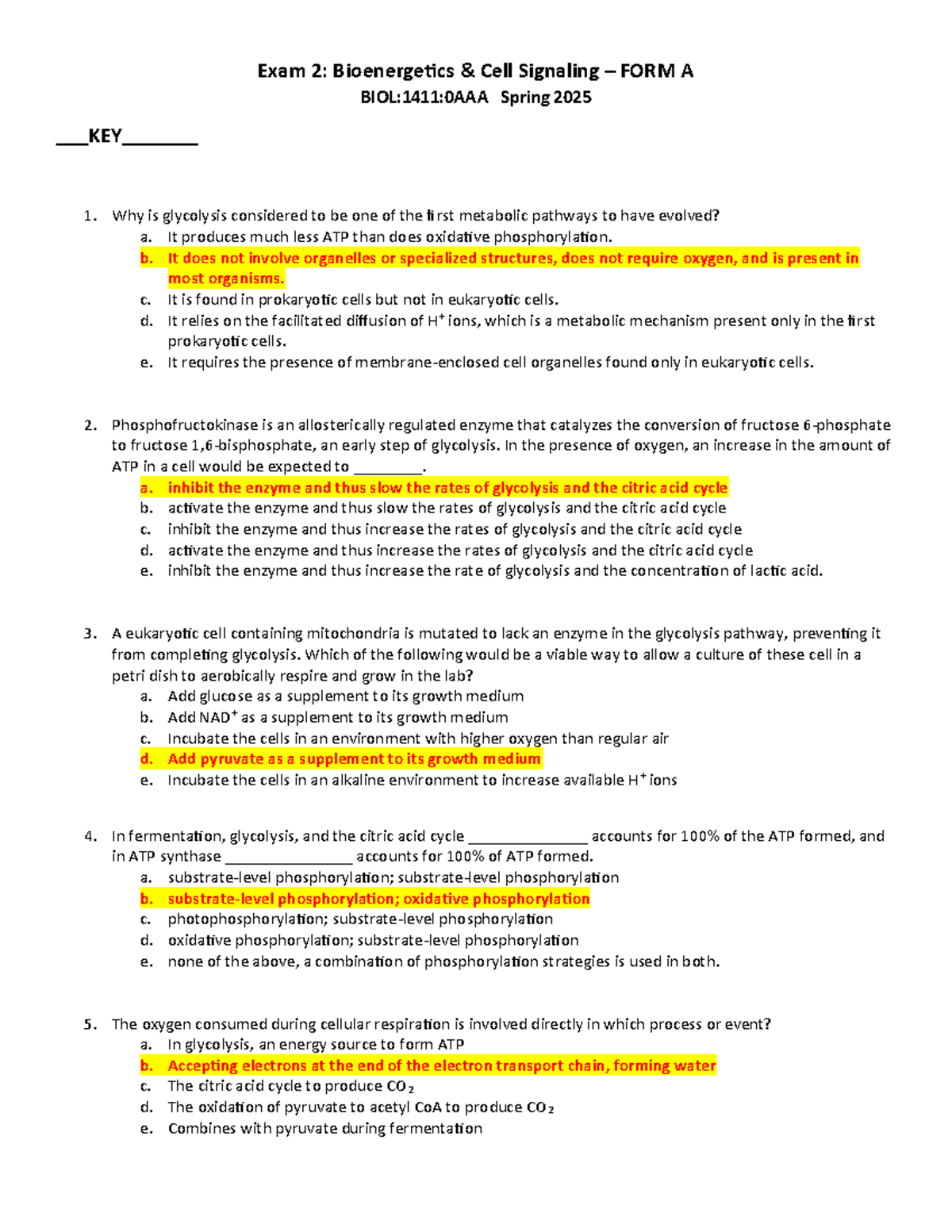 Bio 101 Exam 2 Key: Multiple Choice Answers for Spring 2025 - Studocu