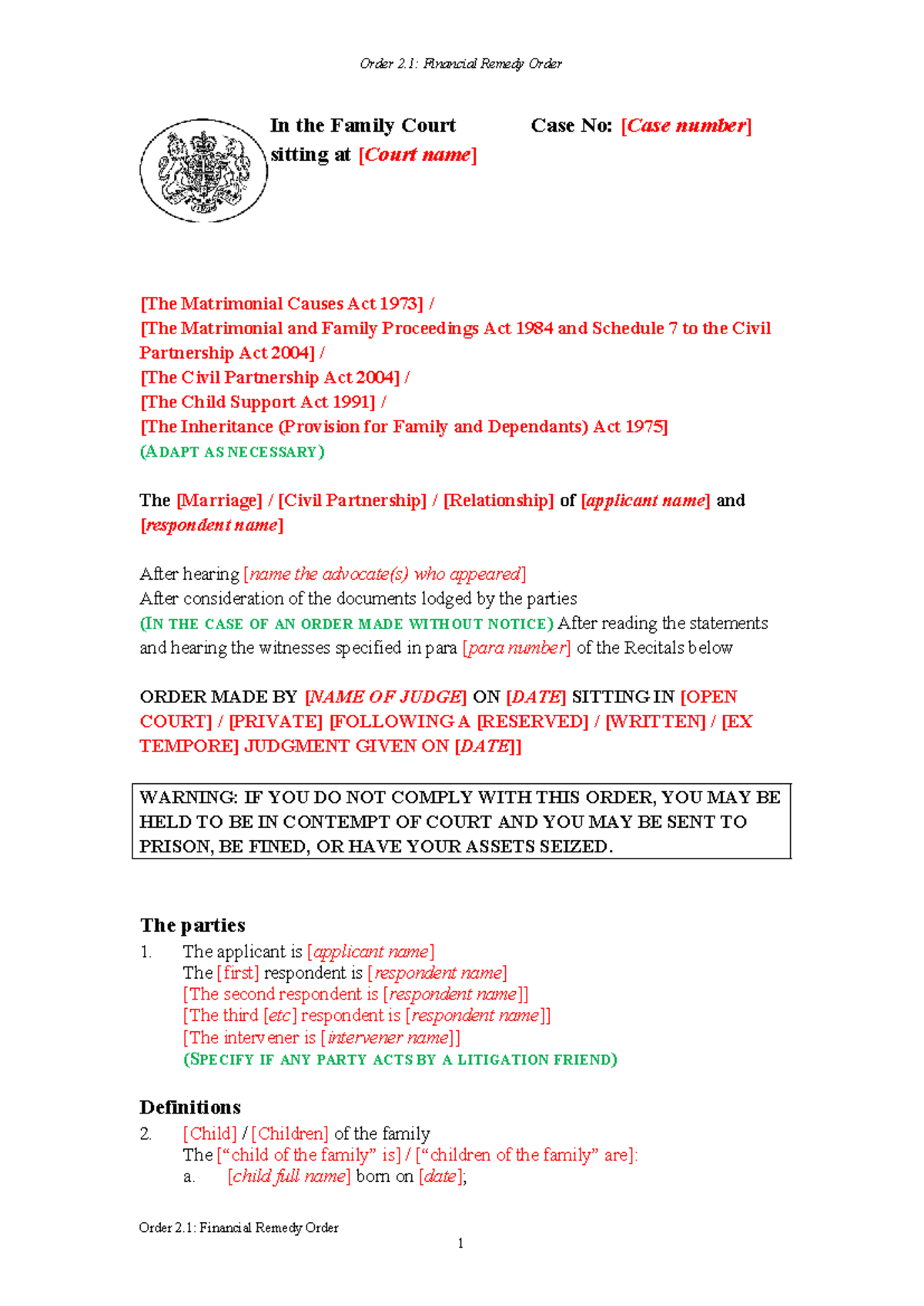 Order 2.1: Financial Remedy Order Template for Family Court Proceedings ...